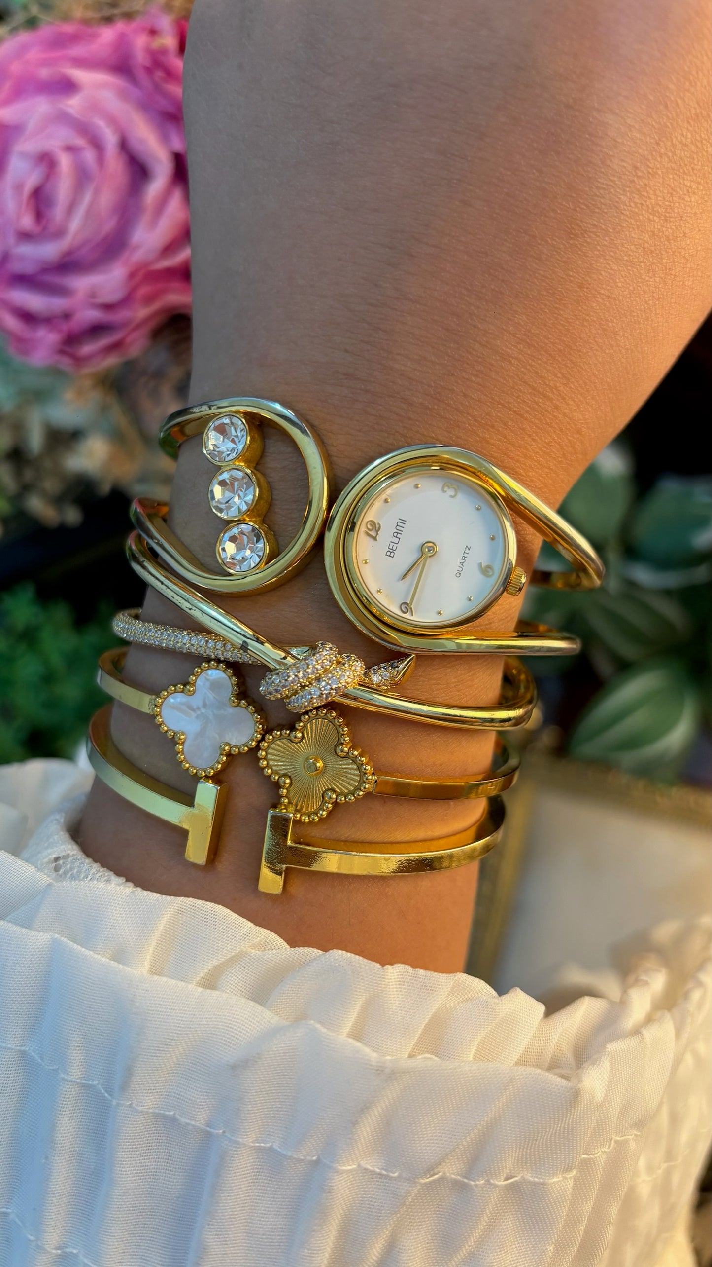 Rare Vintage Belami Cuff Bangle Watch in Gold Tone Quartz