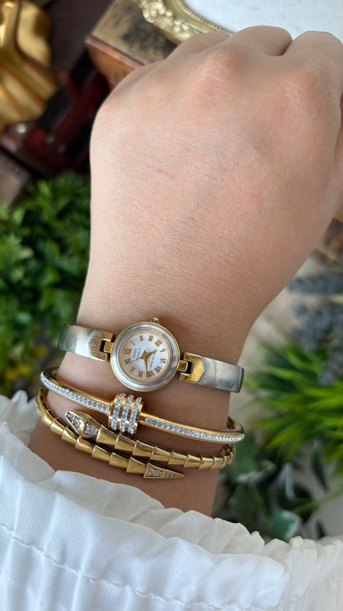 Rare Vintage Dainty Anne Klein Bangle Watch in Two Tone Gold Roman Indices #00206