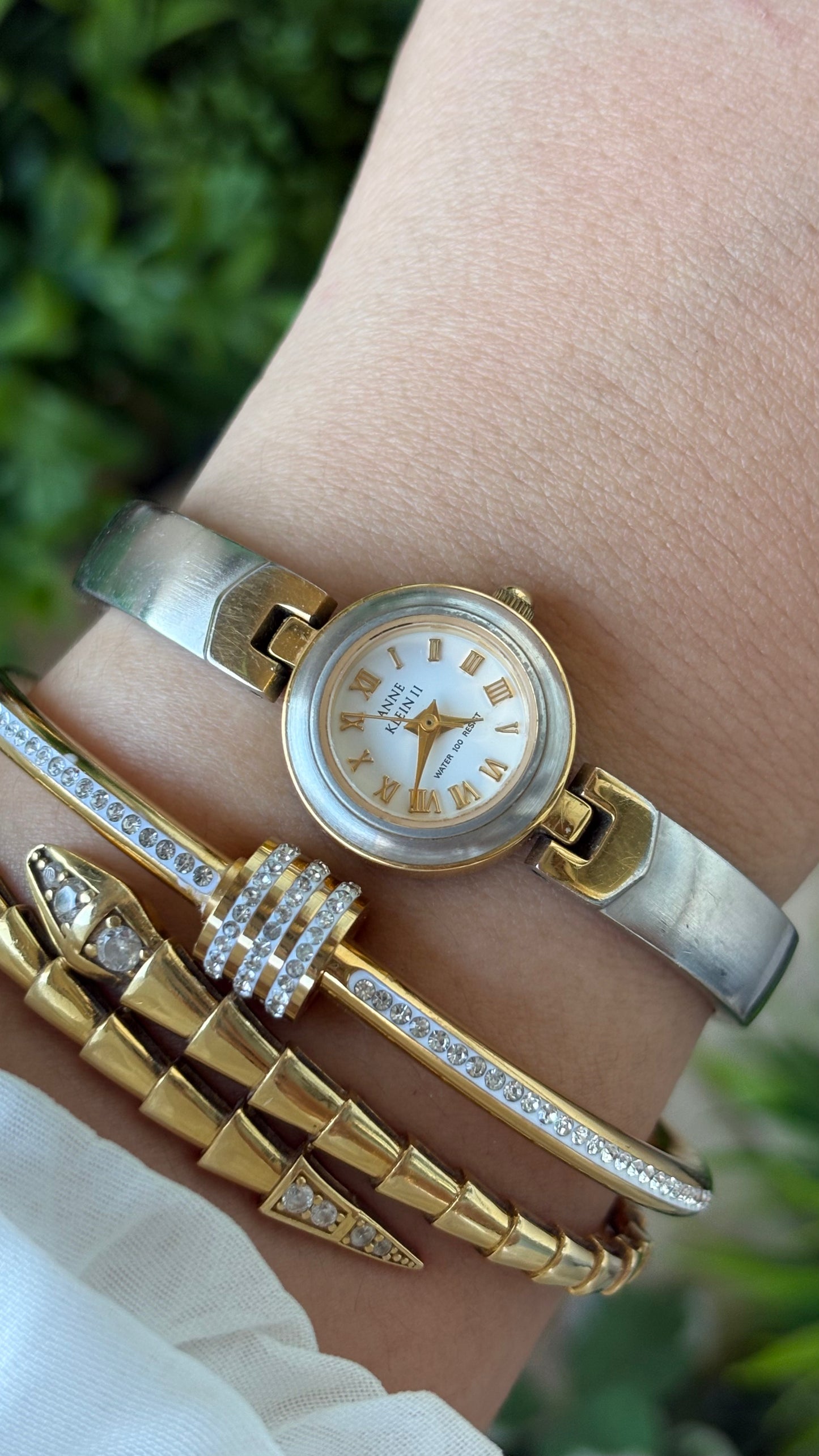 Rare Vintage Dainty Anne Klein Bangle Watch in Two Tone Gold Roman Indices #00206