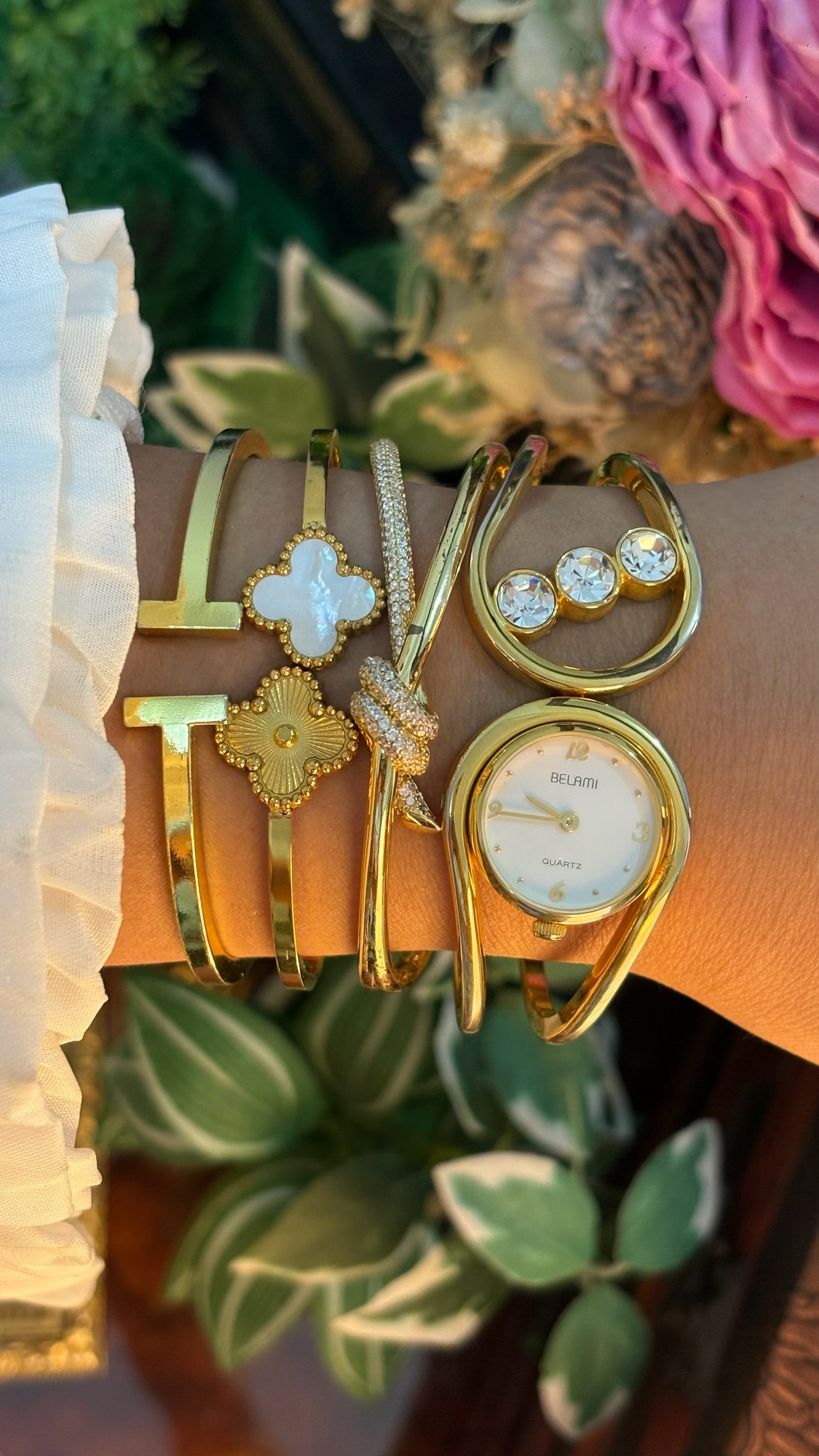 Rare Vintage Belami Cuff Bangle Watch in Gold Tone Quartz