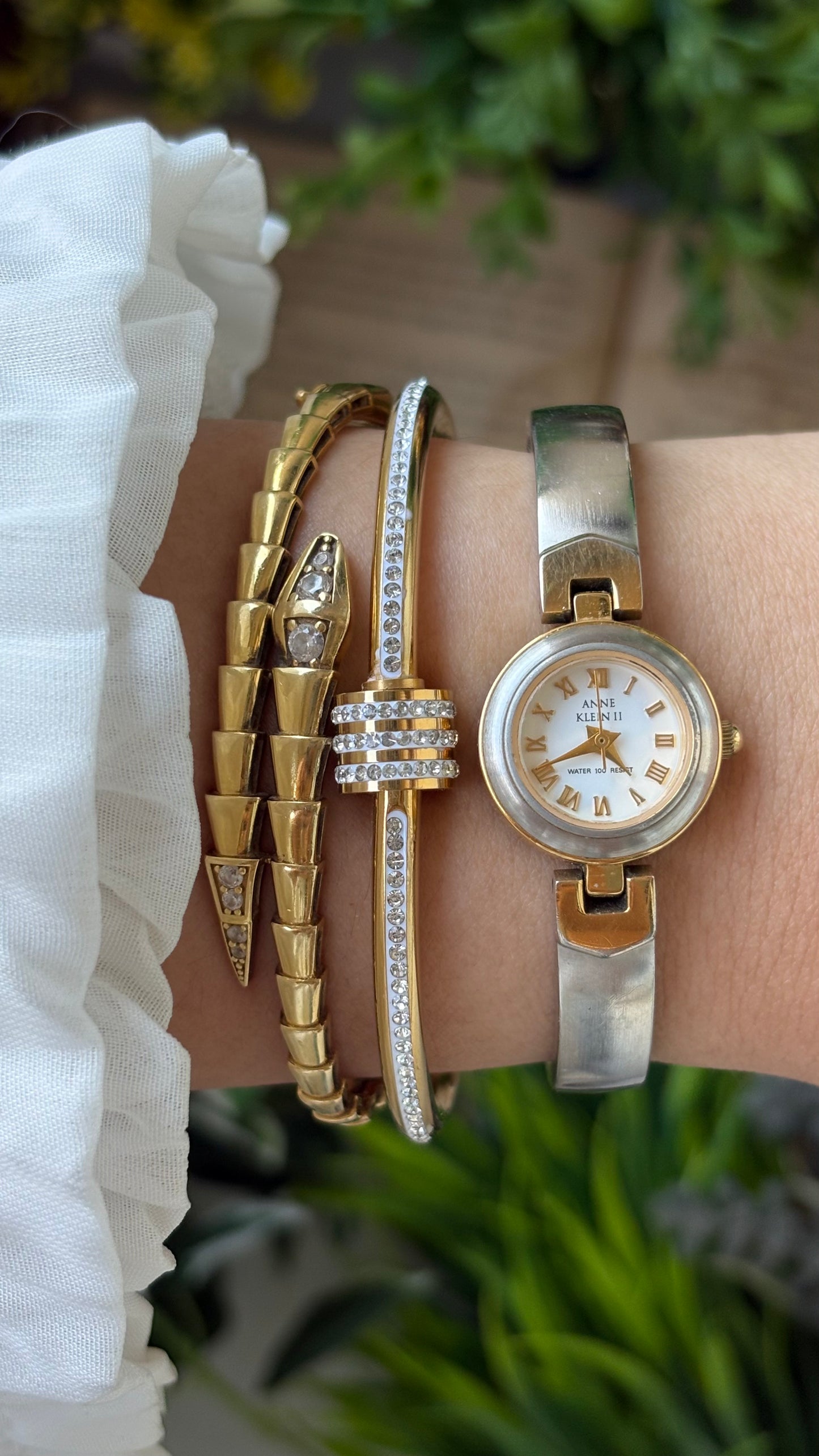 Rare Vintage Dainty Anne Klein Bangle Watch in Two Tone Gold Roman Indices #00206