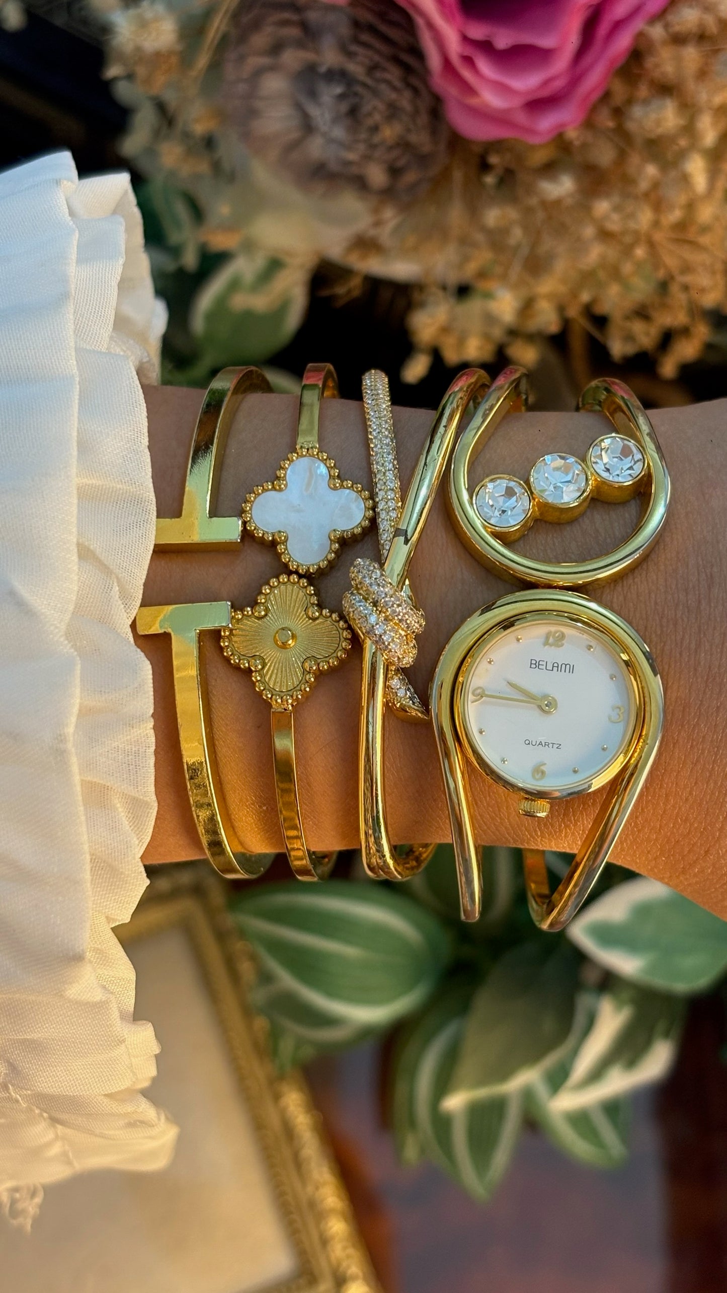 Rare Vintage Belami Cuff Bangle Watch in Gold Tone Quartz