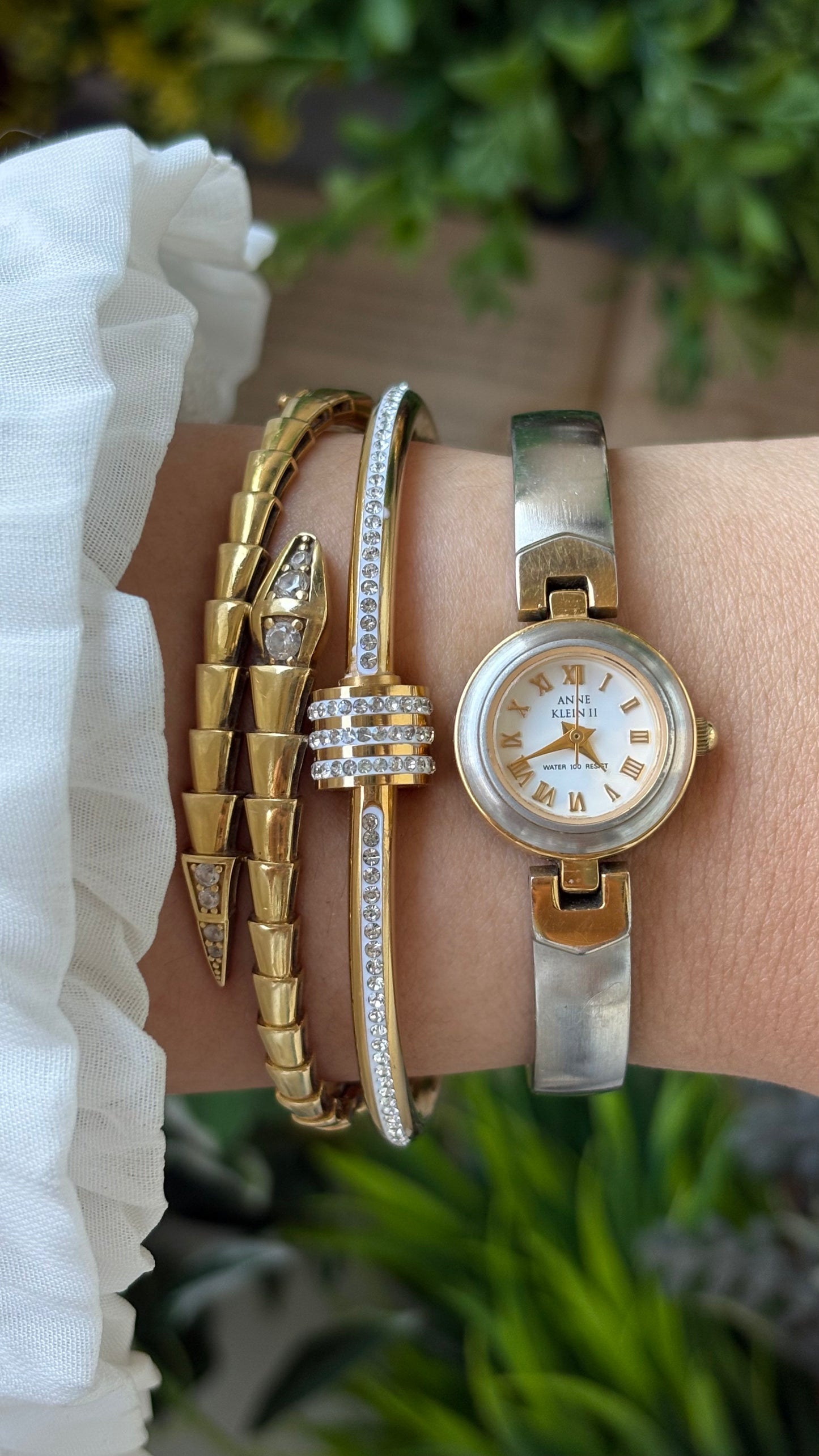 Rare Vintage Dainty Anne Klein Bangle Watch in Two Tone Gold Roman Indices #00206