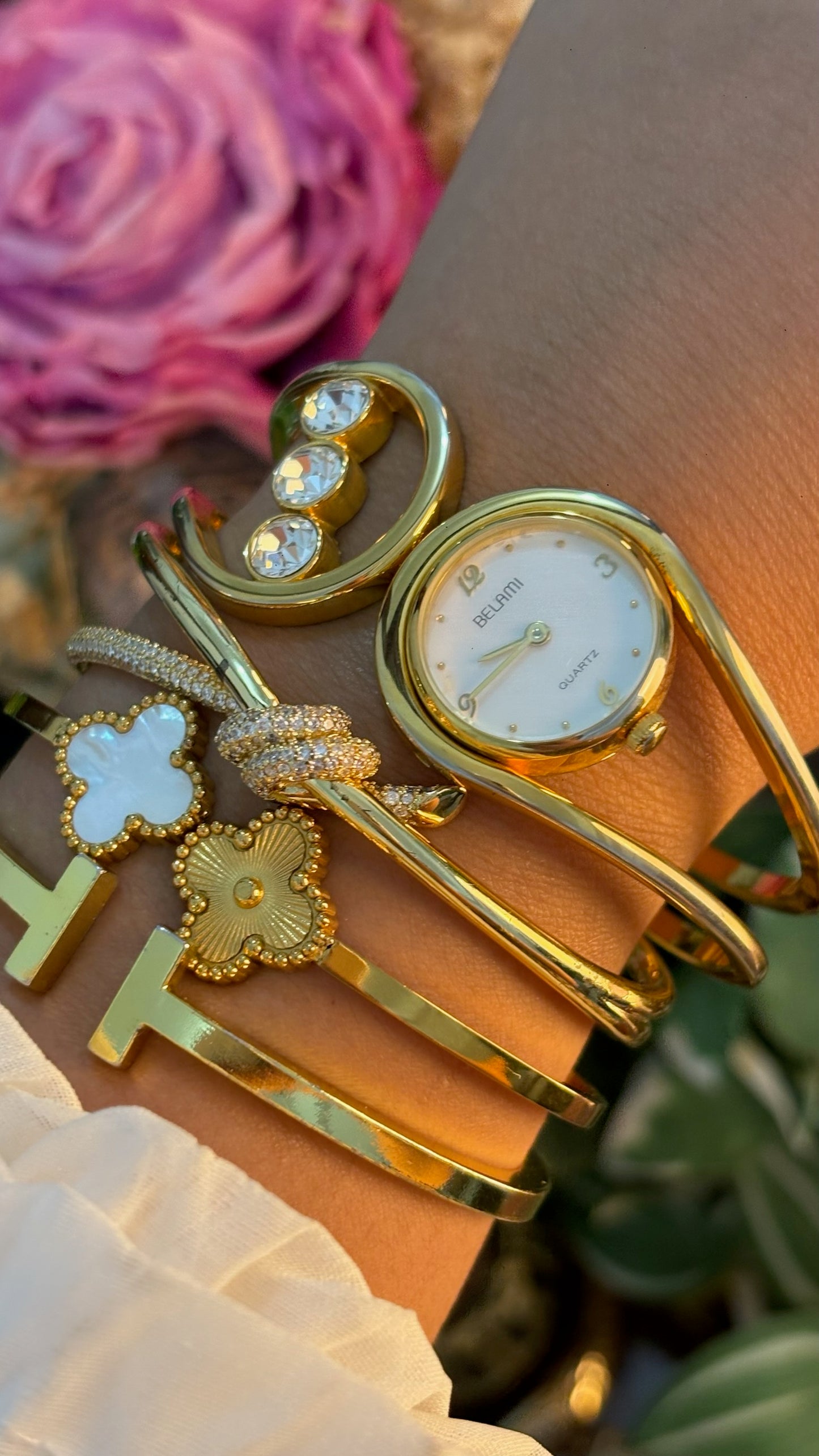 Rare Vintage Belami Cuff Bangle Watch in Gold Tone Quartz