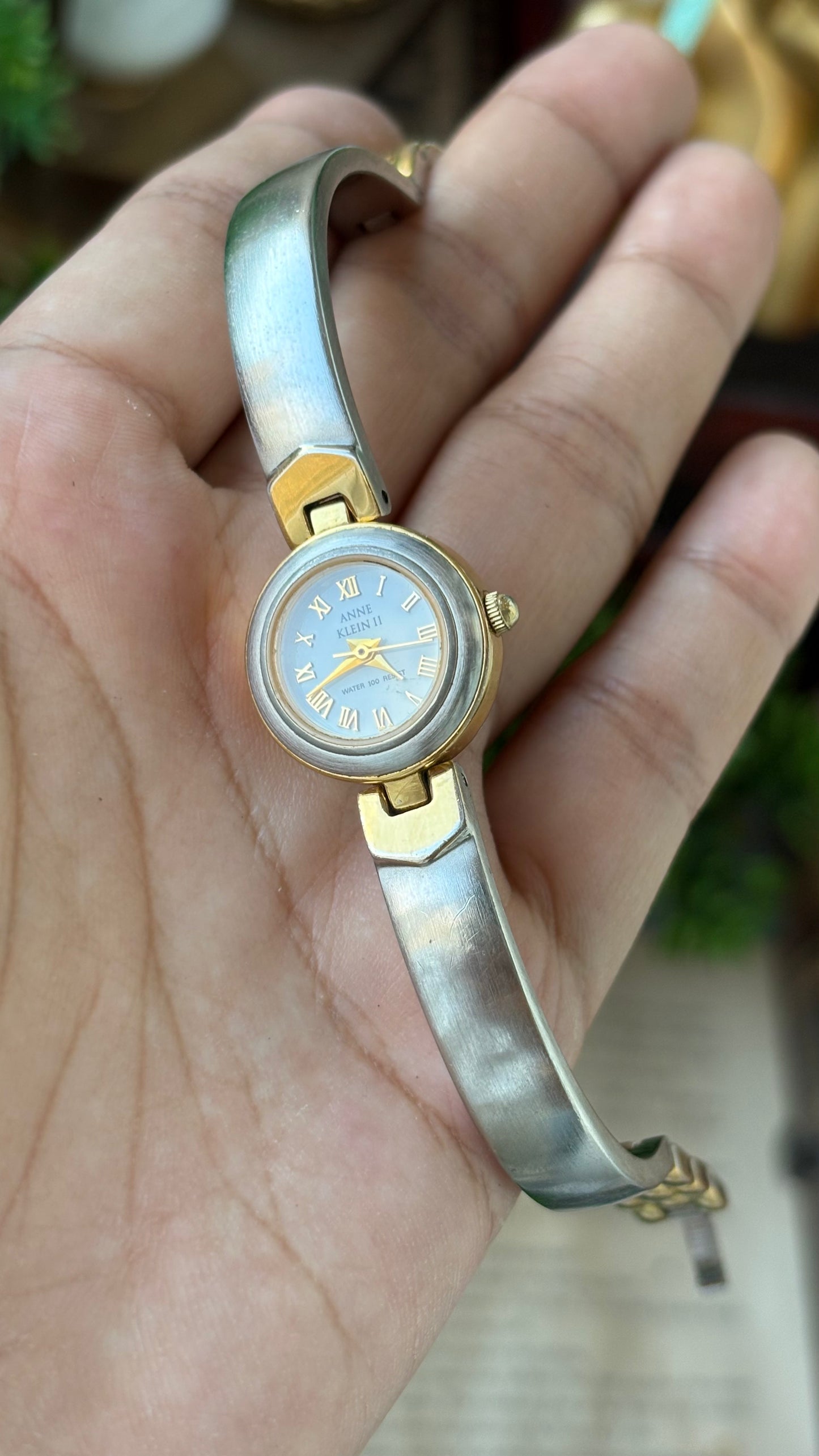 Rare Vintage Dainty Anne Klein Bangle Watch in Two Tone Gold Roman Indices #00206