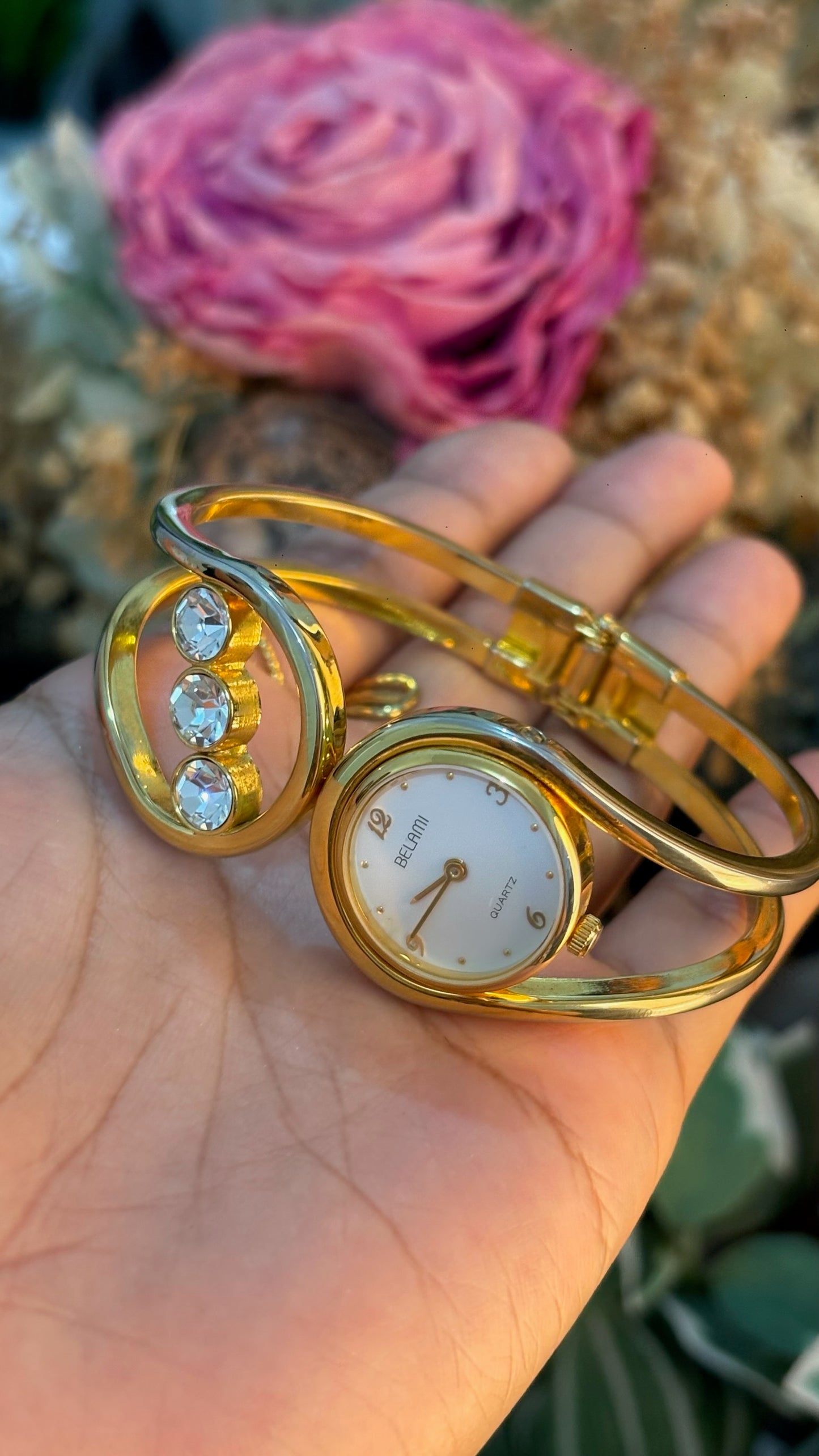 Rare Vintage Belami Cuff Bangle Watch in Gold Tone Quartz