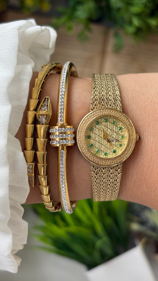 Rare Vintage Klaeuse Swiss Dress Watch in Gold Tone Gold Dial Emerald Indices Quartz #00623