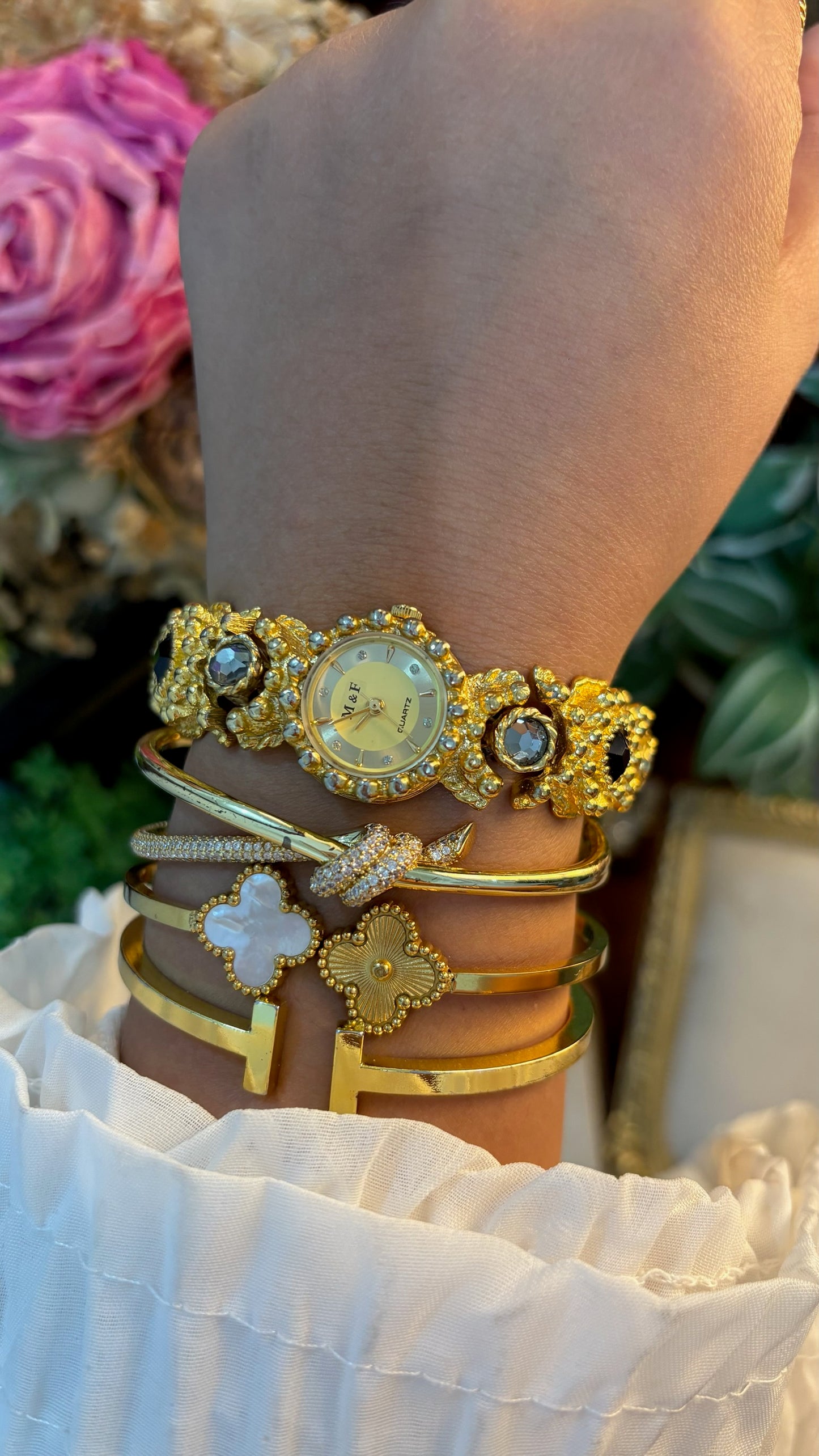 Rare Vintage M&F Bejeweled Princess Watch in Gold Tone Quartz