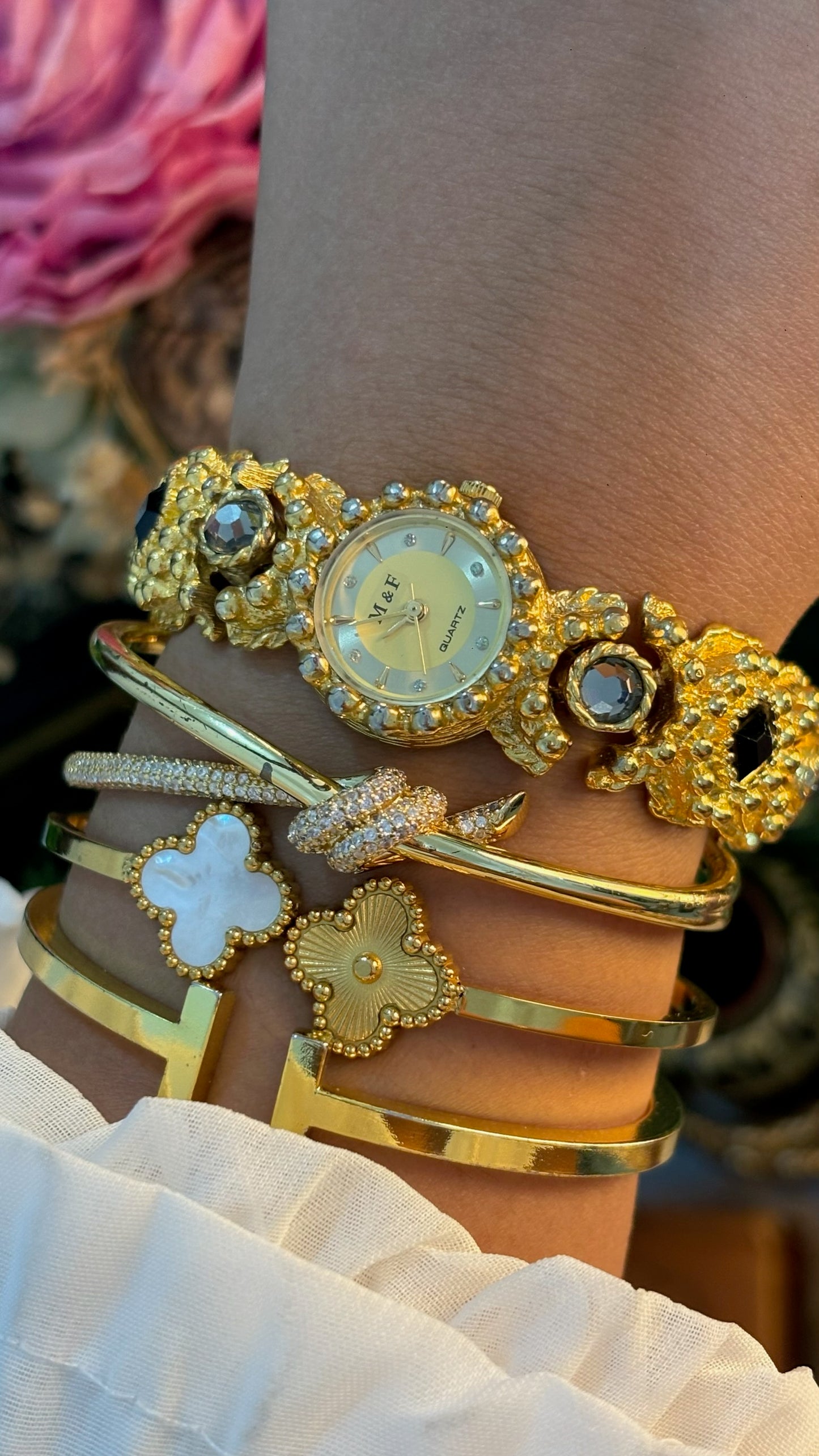 Rare Vintage M&F Bejeweled Princess Watch in Gold Tone Quartz