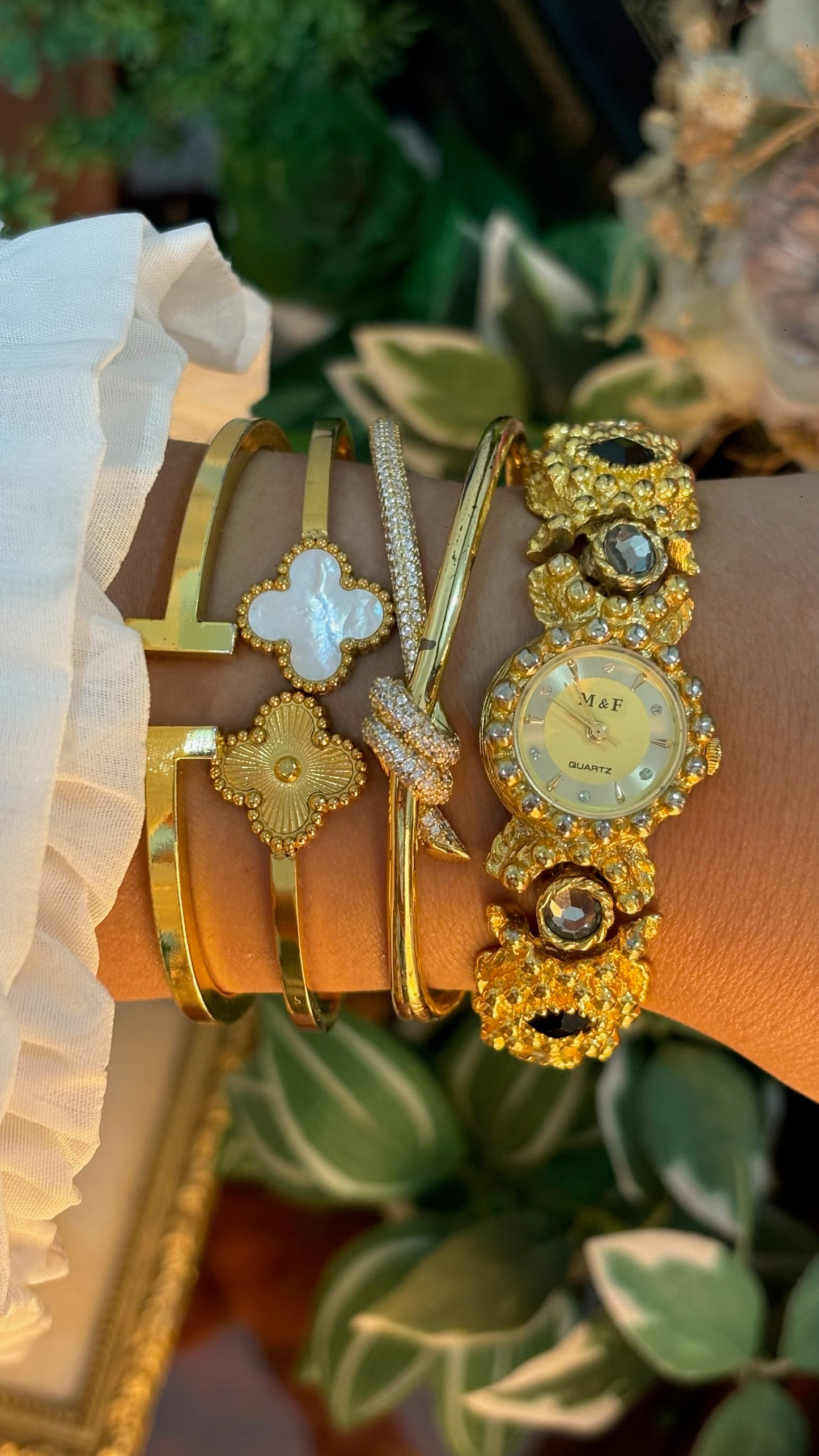 Rare Vintage M&F Bejeweled Princess Watch in Gold Tone Quartz