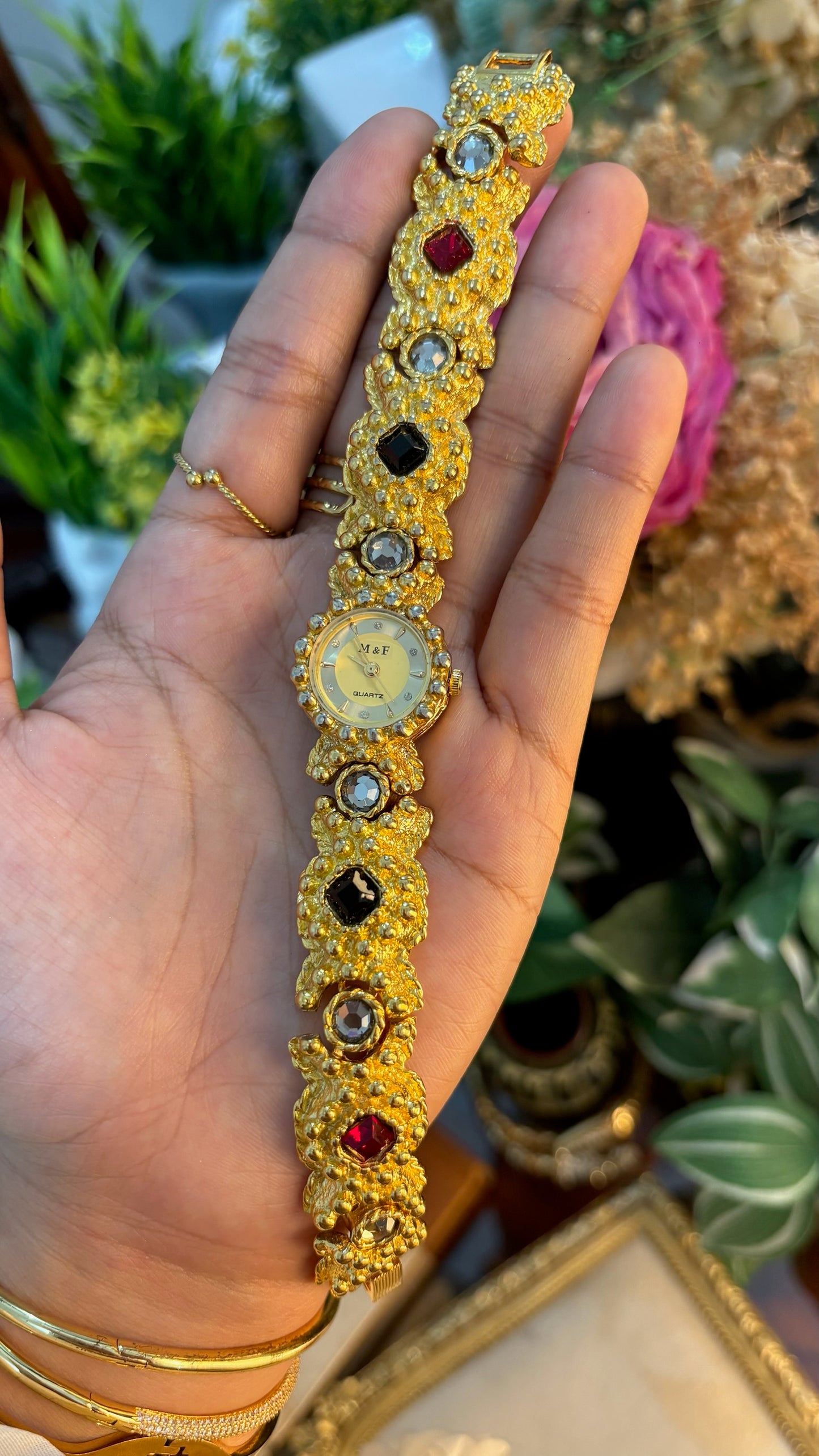 Rare Vintage M&F Bejeweled Princess Watch in Gold Tone Quartz