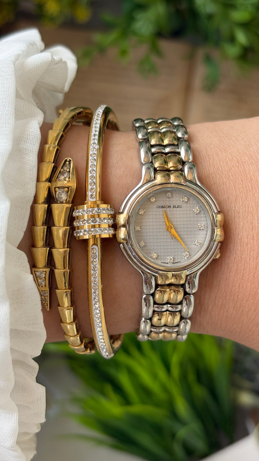 Vintage Cordon Bleu Classic Watch in Two-Tone Grid Rhinestone Indices Dial Quartz #00629