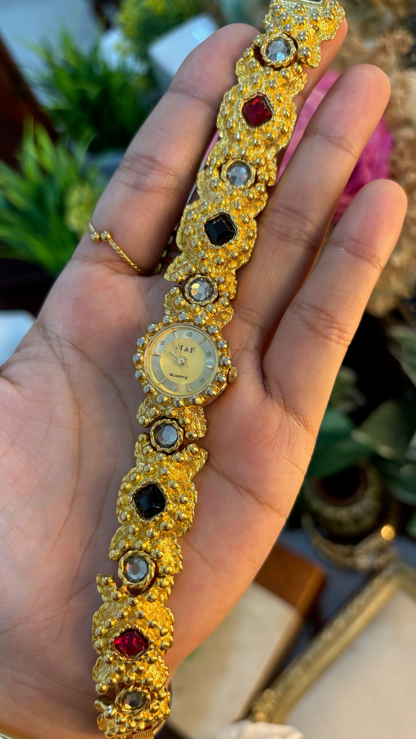 Rare Vintage M&F Bejeweled Princess Watch in Gold Tone Quartz
