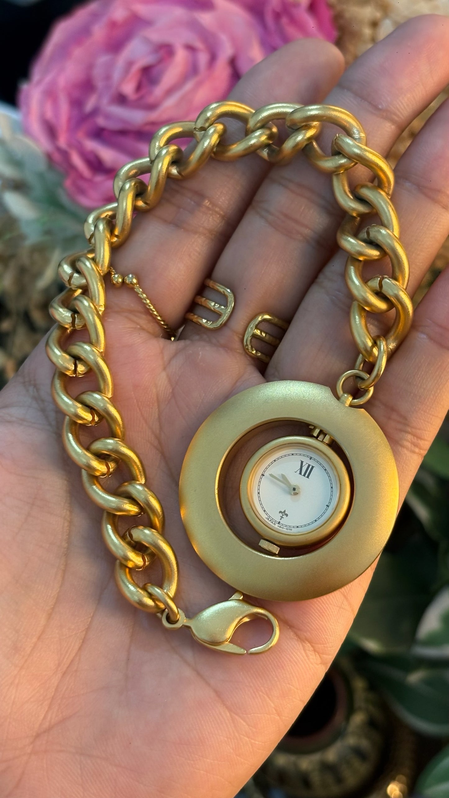 Rare Vintage Reversible Face Chain Bracelet Watch in Gold Tone Quartz