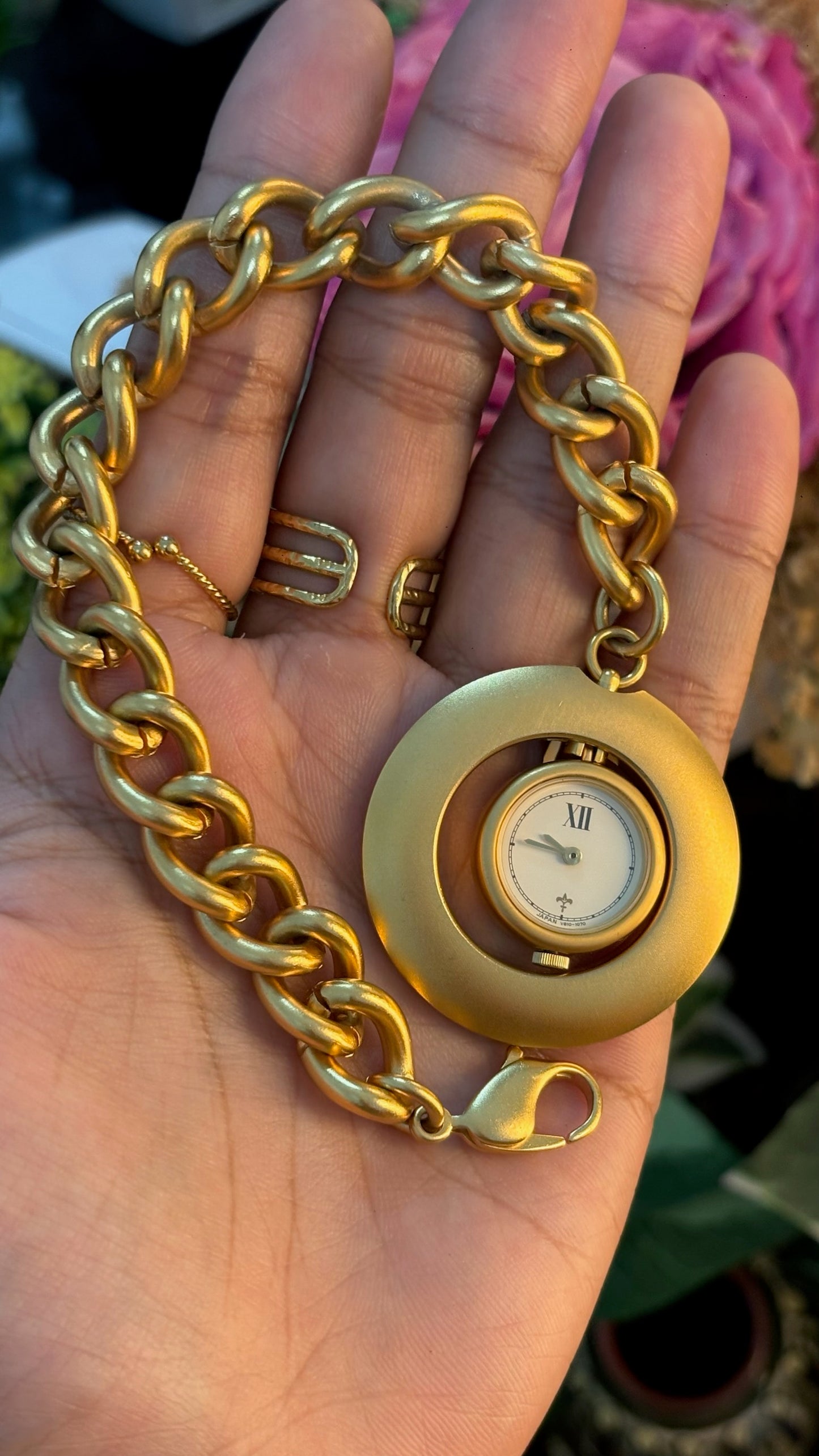 Rare Vintage Reversible Face Chain Bracelet Watch in Gold Tone Quartz