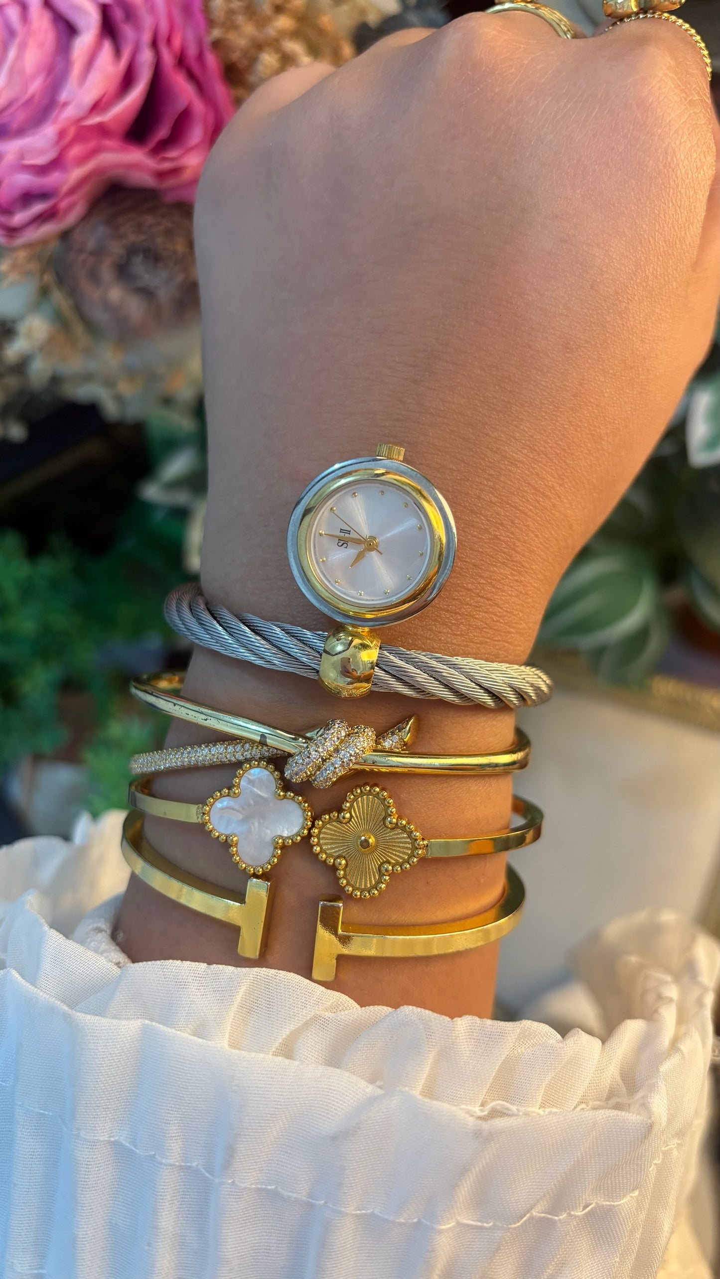 Rare Vintage SK-II Twisted Cable Bangle Watch in Two-Tone Quartz