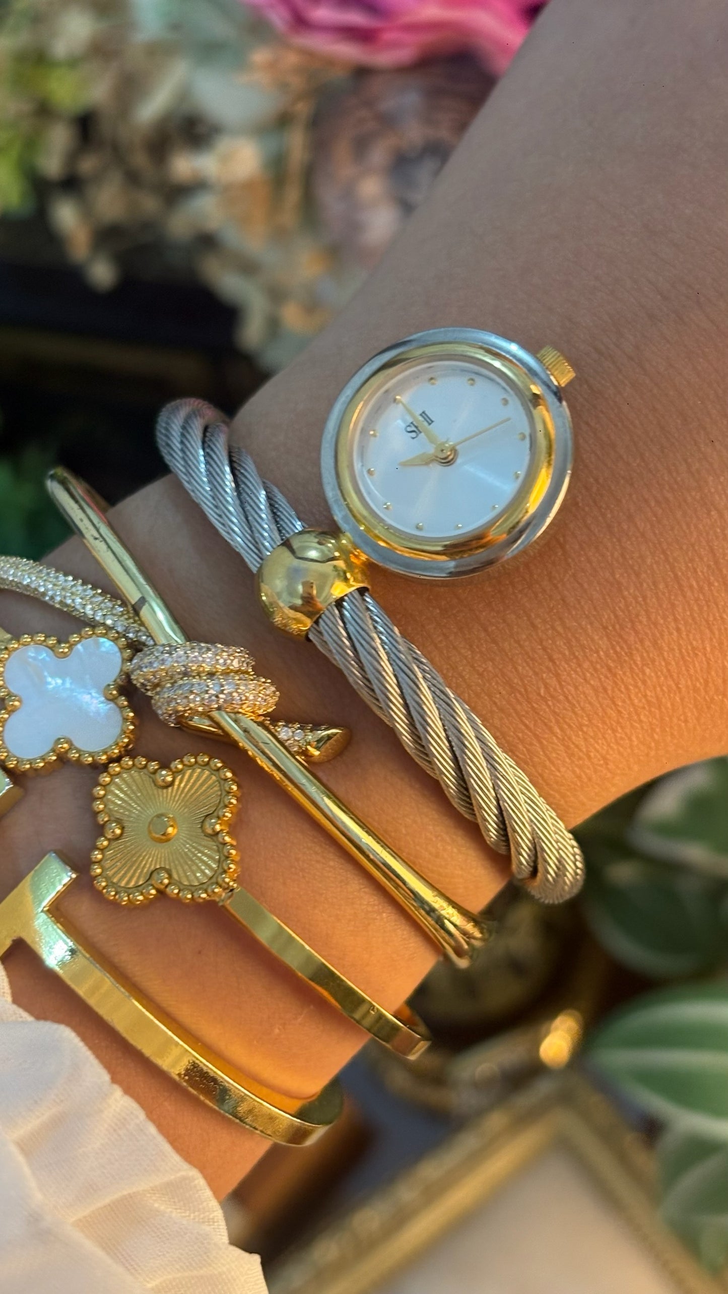 Rare Vintage SK-II Twisted Cable Bangle Watch in Two-Tone Quartz
