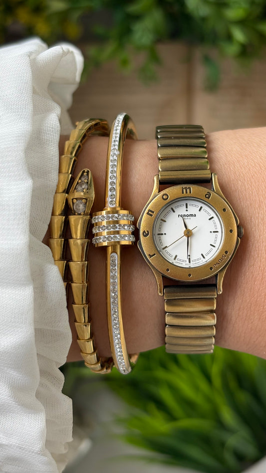 Rare Vintage Renoma Citizen Paris Stretchy Band Watch in Bronze Gold Tone Quartz #00626