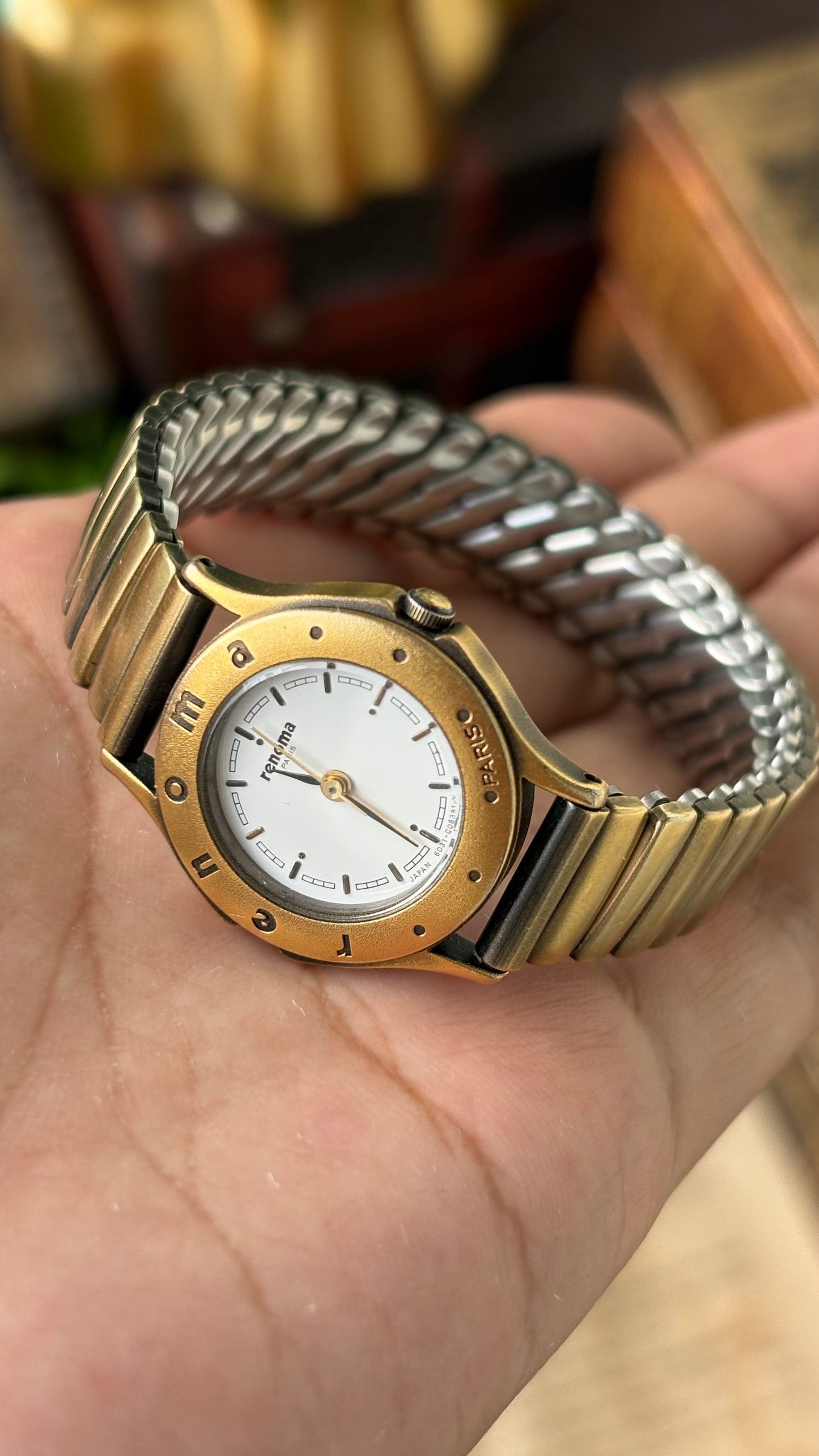 Rare Vintage Renoma Citizen Paris Stretchy Band Watch in Bronze Gold Tone Quartz #00626