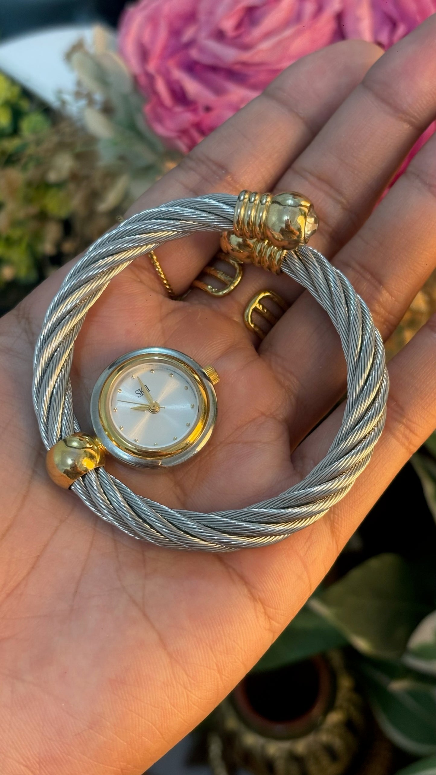 Rare Vintage SK-II Twisted Cable Bangle Watch in Two-Tone Quartz