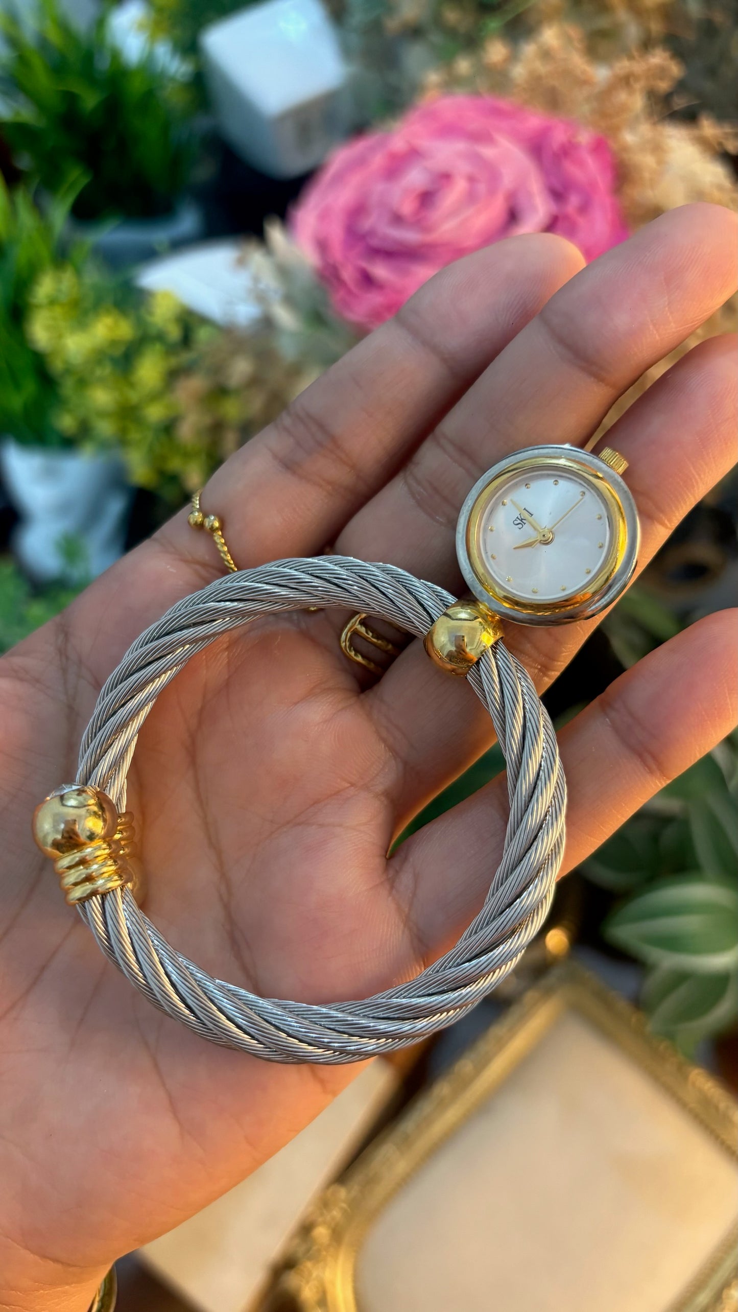 Rare Vintage SK-II Twisted Cable Bangle Watch in Two-Tone Quartz