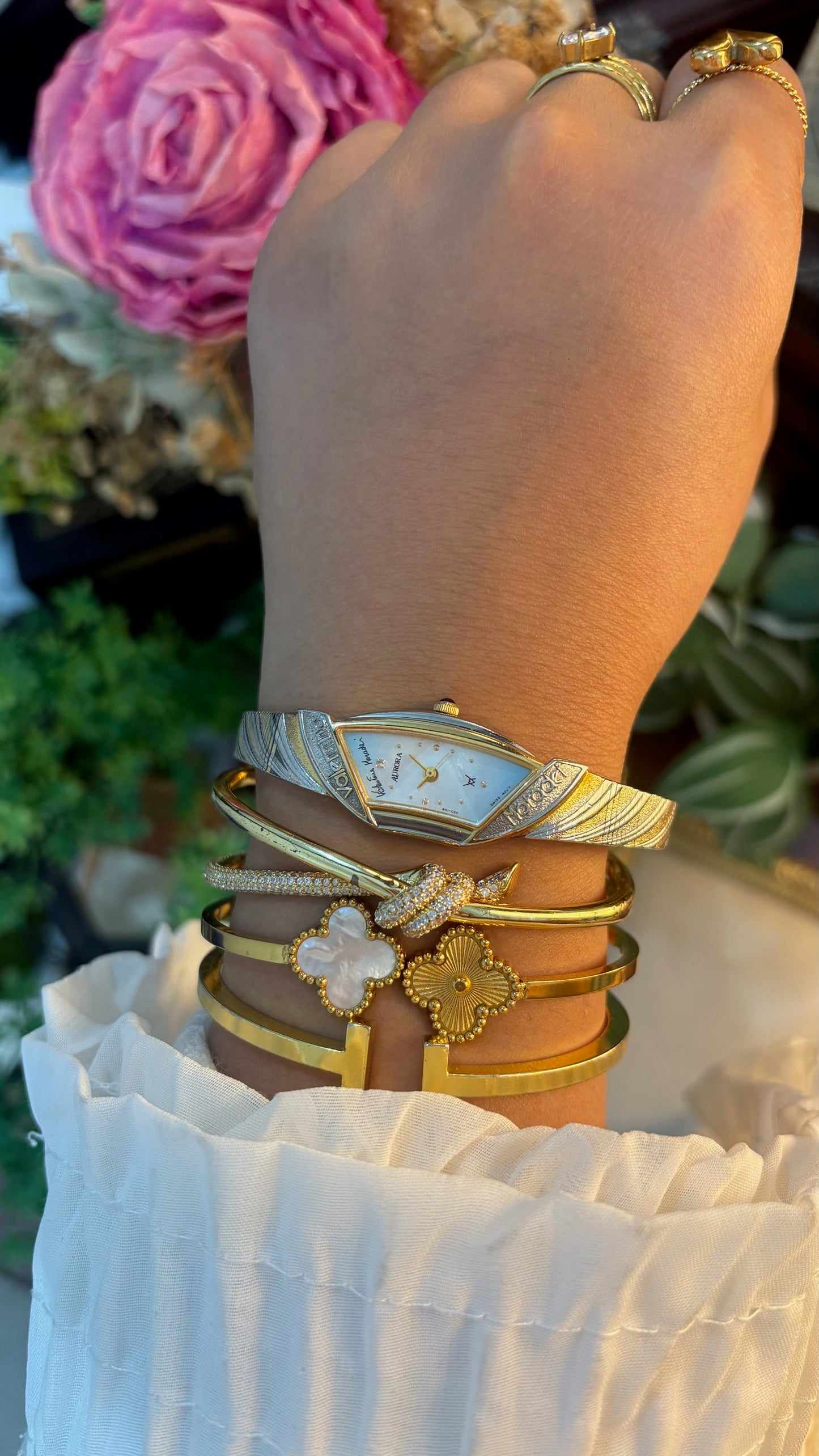Extremely Rare Dainty Vintage Valentino Moradei Aurora Halfmoon Watch in Two-Tone Quartz