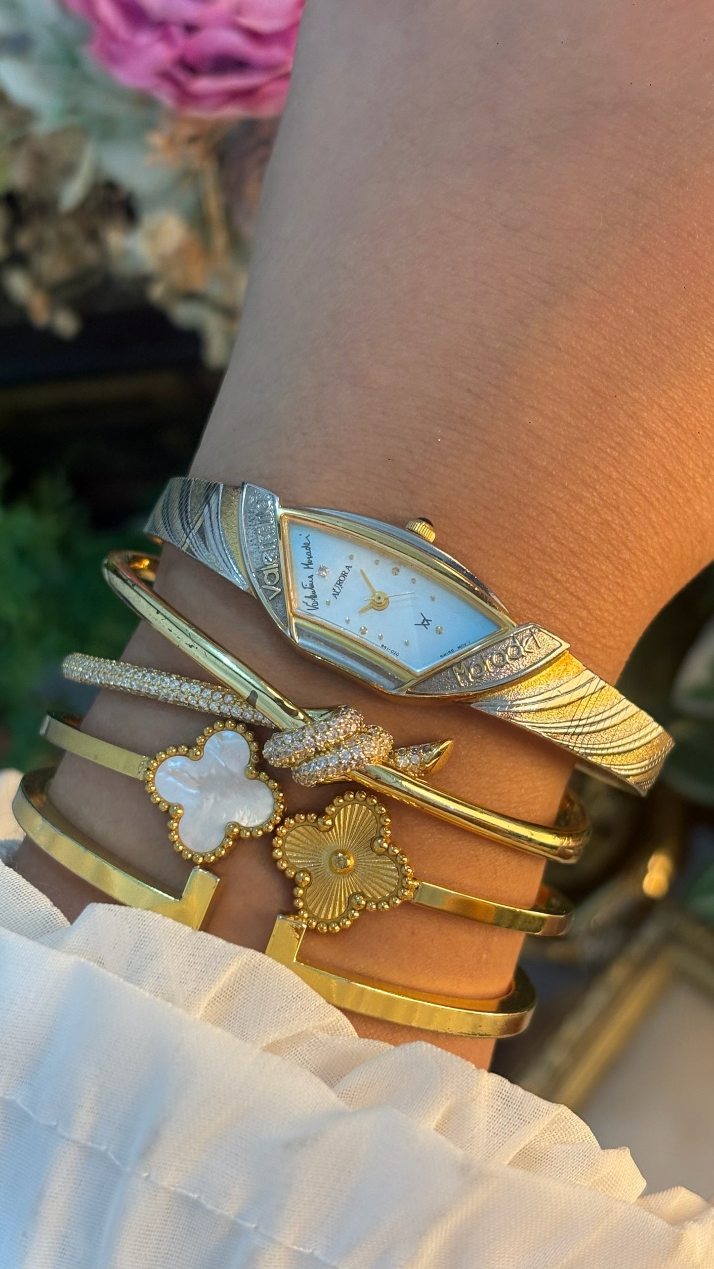 Extremely Rare Dainty Vintage Valentino Moradei Aurora Halfmoon Watch in Two-Tone Quartz