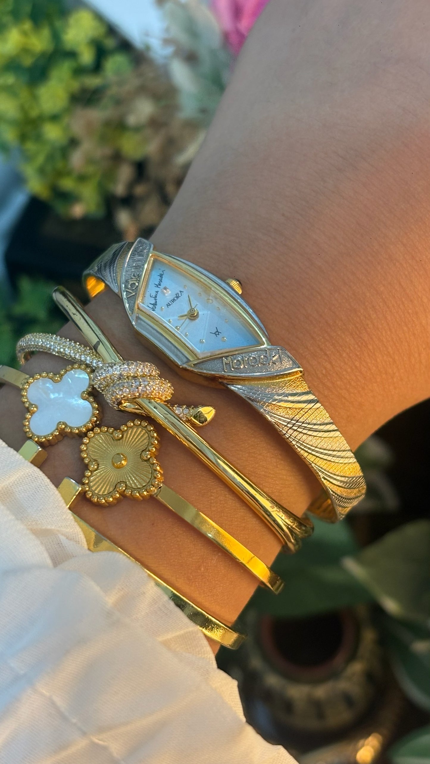 Extremely Rare Dainty Vintage Valentino Moradei Aurora Halfmoon Watch in Two-Tone Quartz