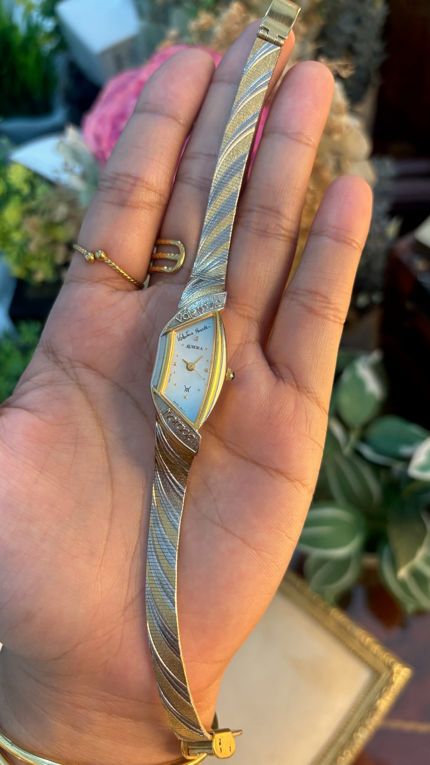 Extremely Rare Dainty Vintage Valentino Moradei Aurora Halfmoon Watch in Two-Tone Quartz