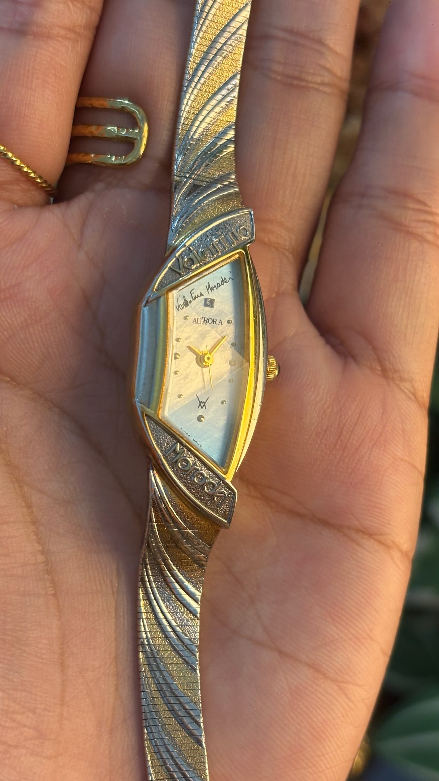 Extremely Rare Dainty Vintage Valentino Moradei Aurora Halfmoon Watch in Two-Tone Quartz