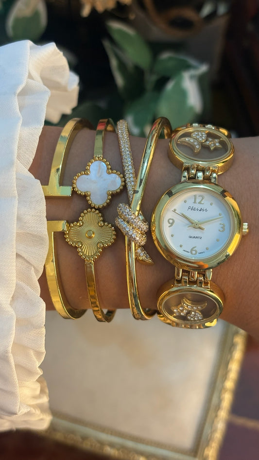 Rare Vintage Plaisir Transparent Dancing Stone Links Watch in Gold Tone Quartz