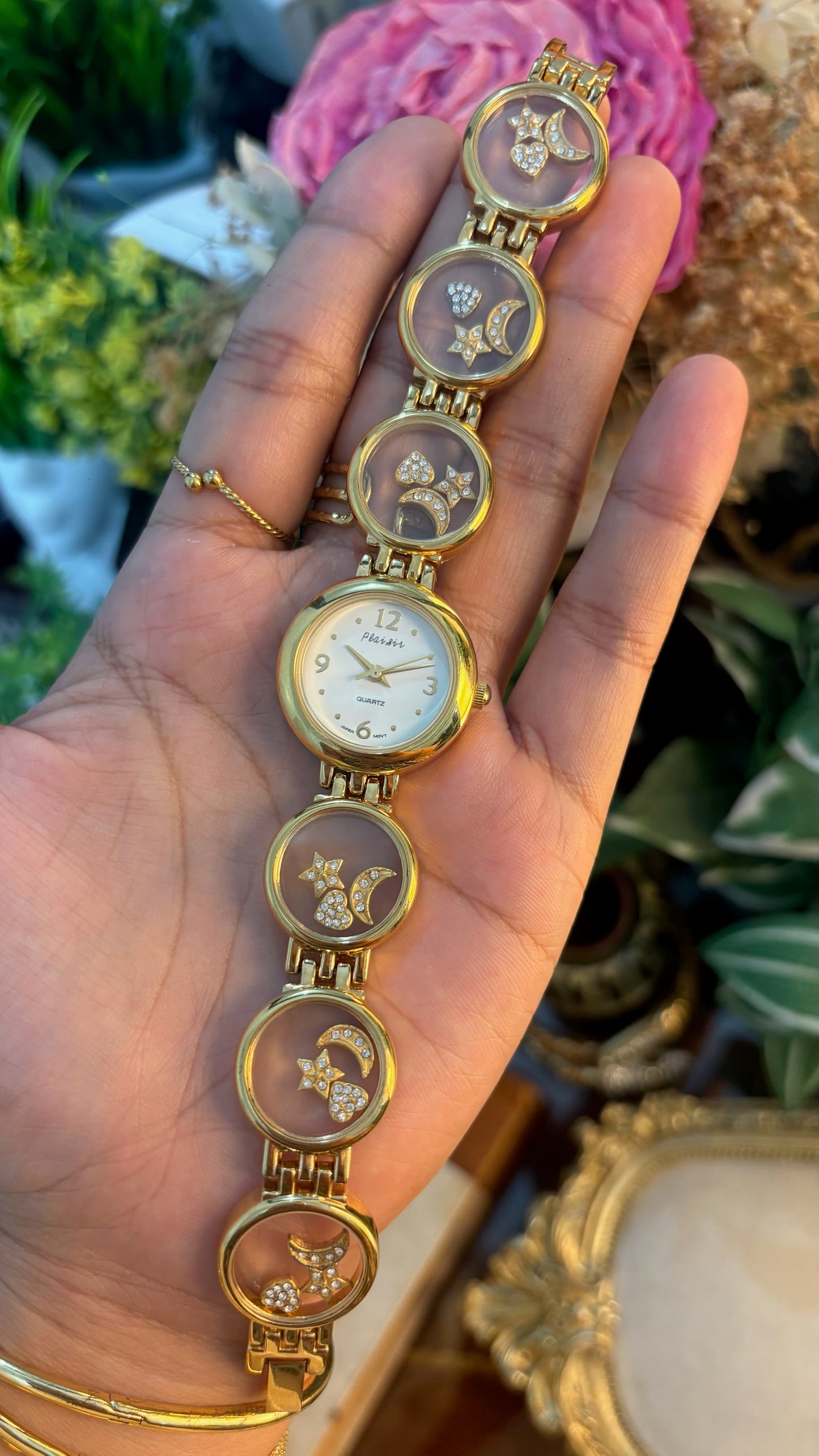 Rare Vintage Plaisir Transparent Dancing Stone Links Watch in Gold Tone Quartz