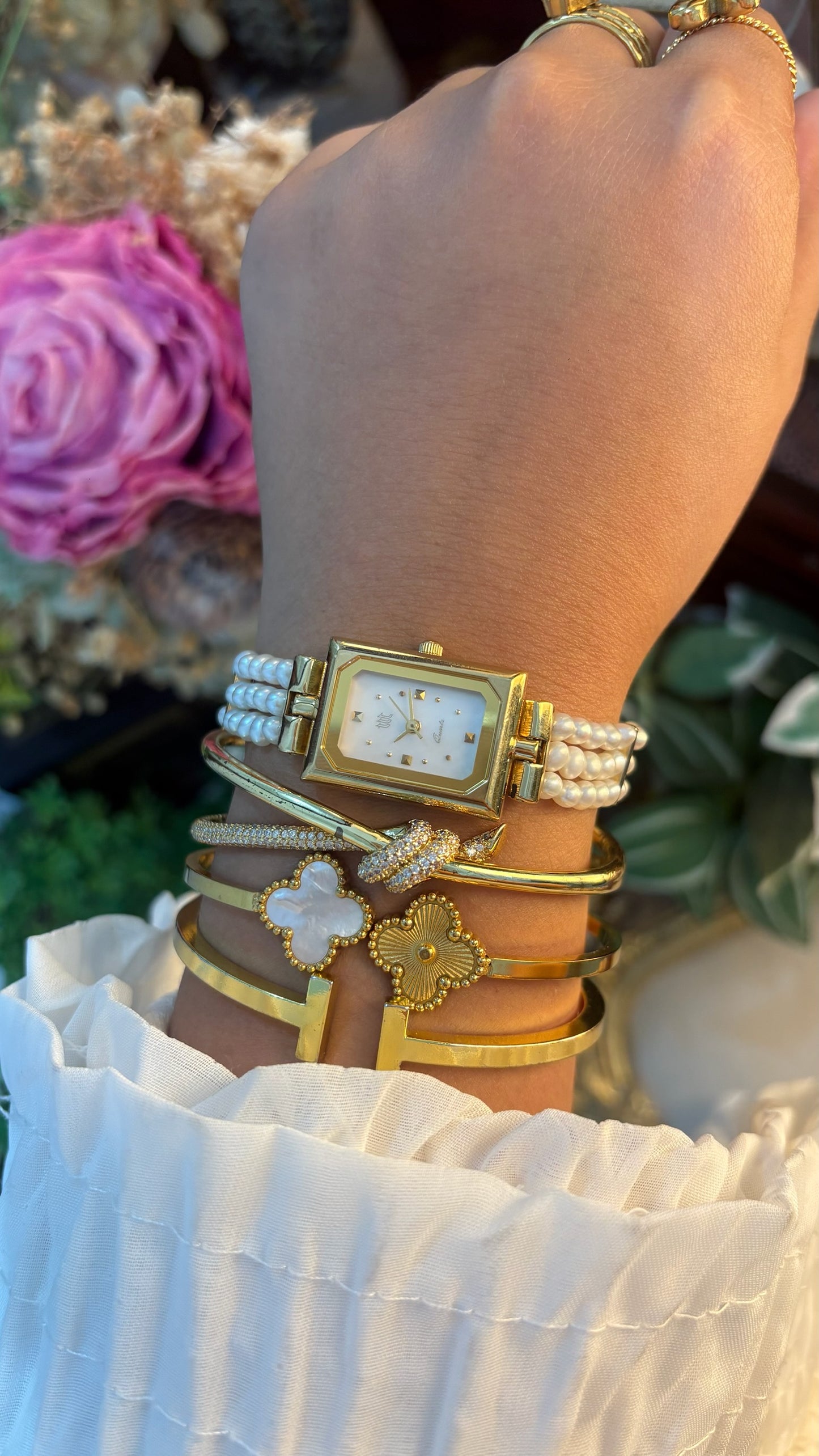 Extremely Rare Dainty Vintage TTT Freshwater Pearl Bracelet Watch in Gold Tone Quartz