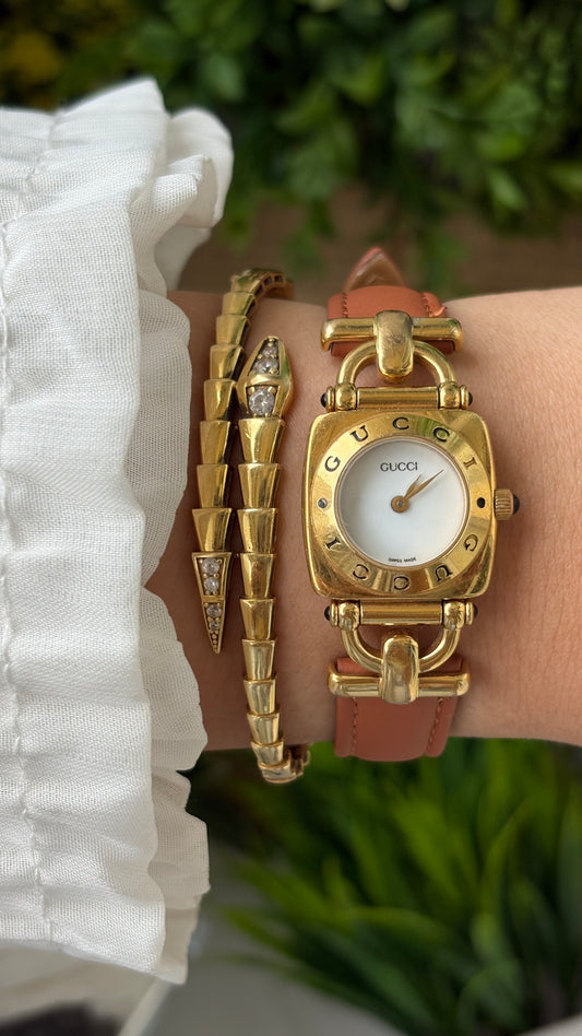 Vintage Gucci Swiss 6300L Horse-bit Watch in Gold Tone Brown Leather Quartz #00615