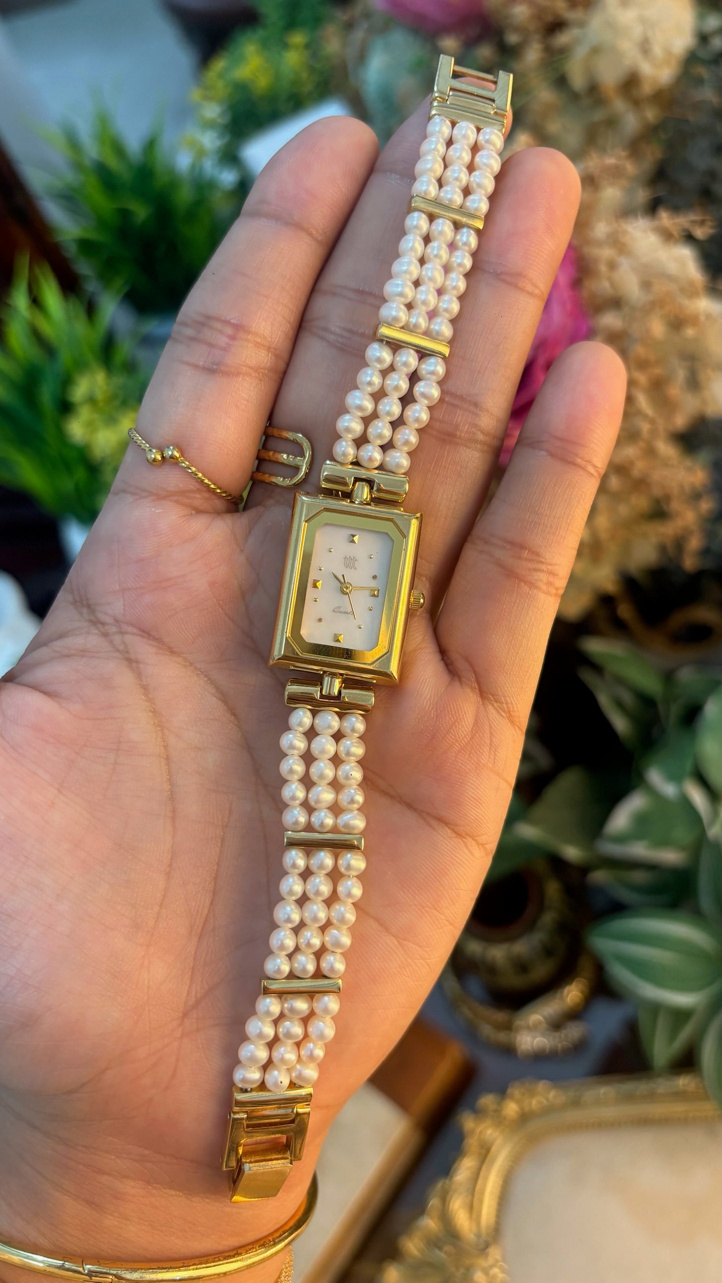 Extremely Rare Dainty Vintage TTT Freshwater Pearl Bracelet Watch in Gold Tone Quartz