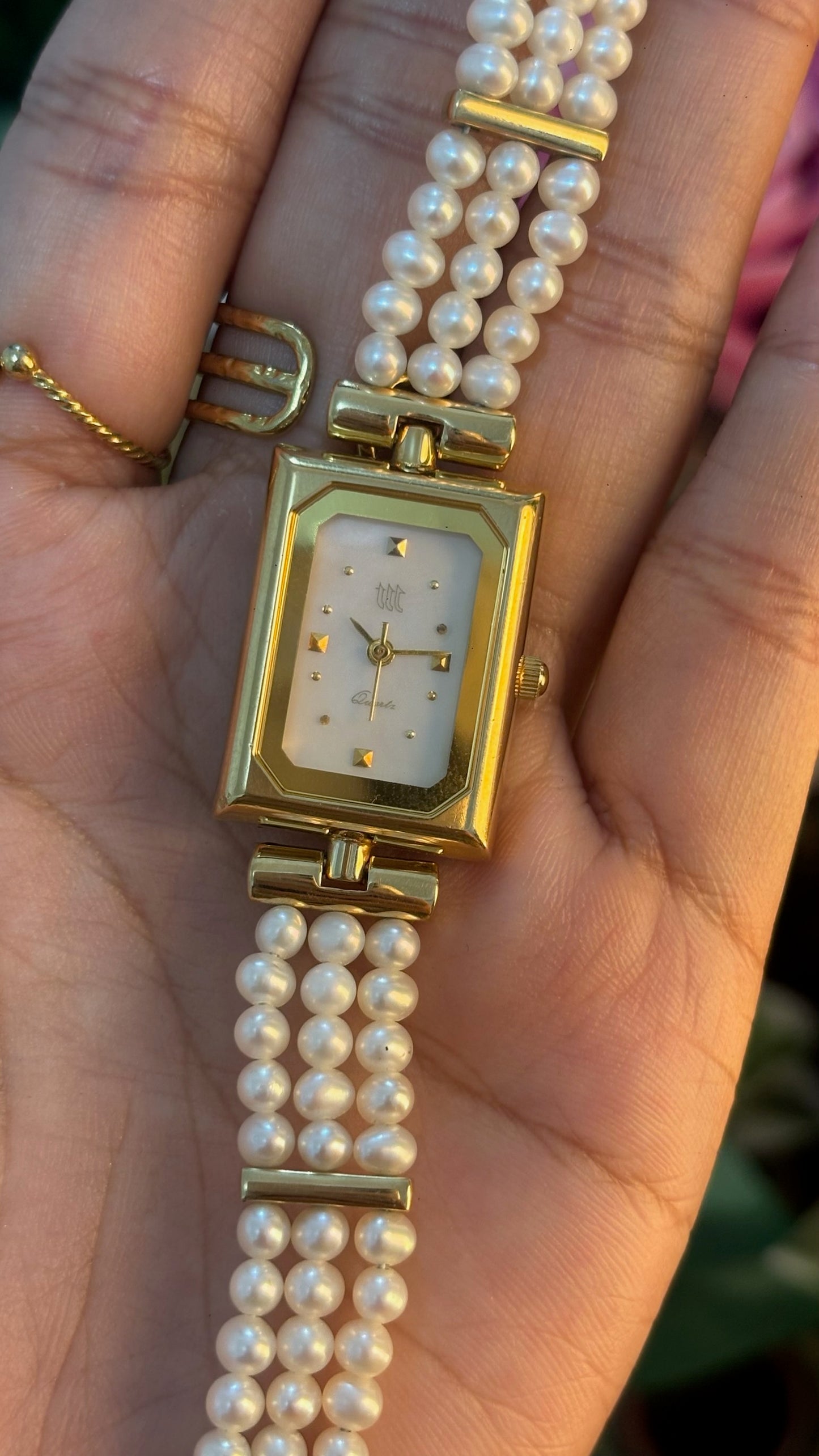 Extremely Rare Dainty Vintage TTT Freshwater Pearl Bracelet Watch in Gold Tone Quartz