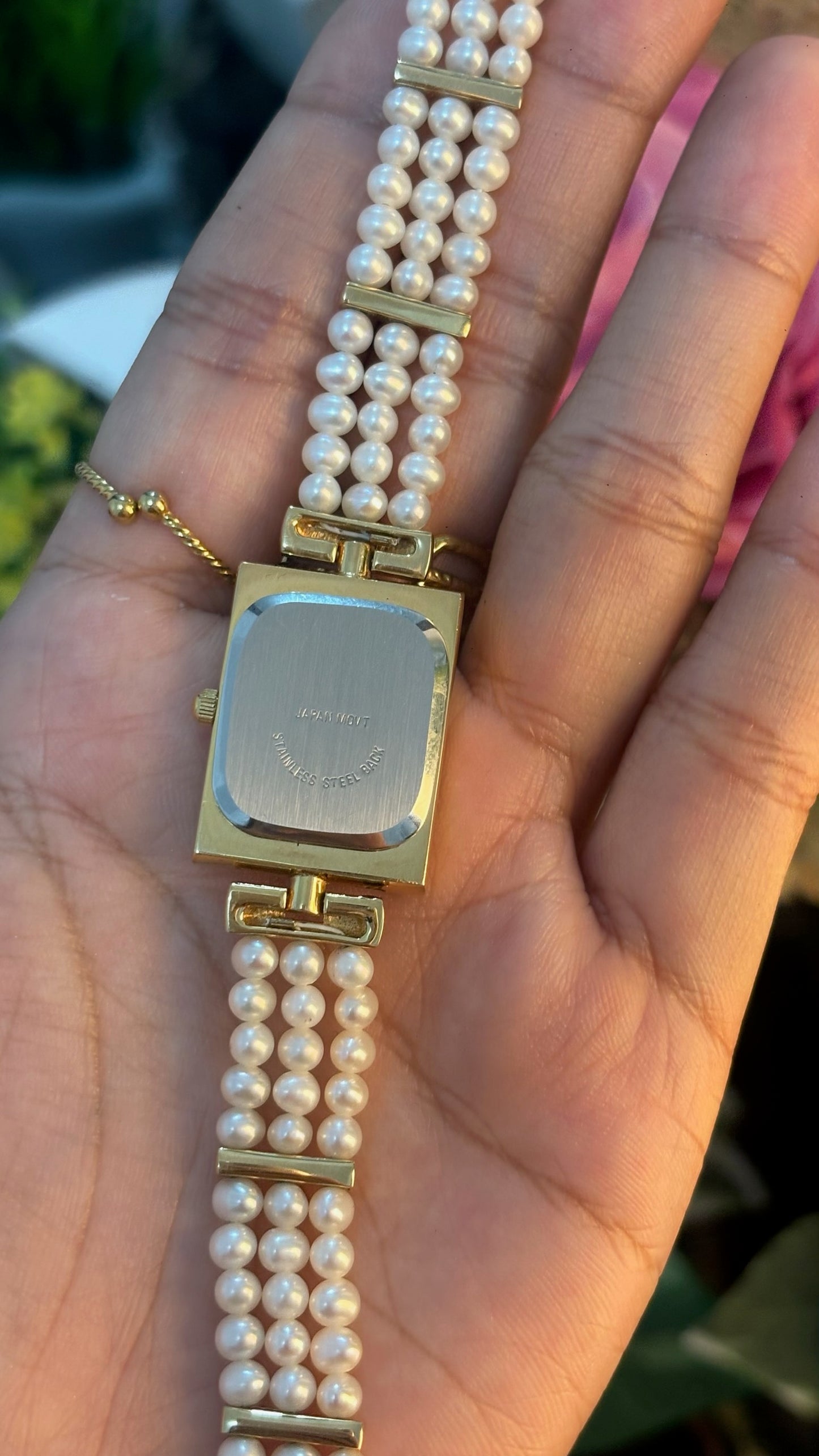 Extremely Rare Dainty Vintage TTT Freshwater Pearl Bracelet Watch in Gold Tone Quartz