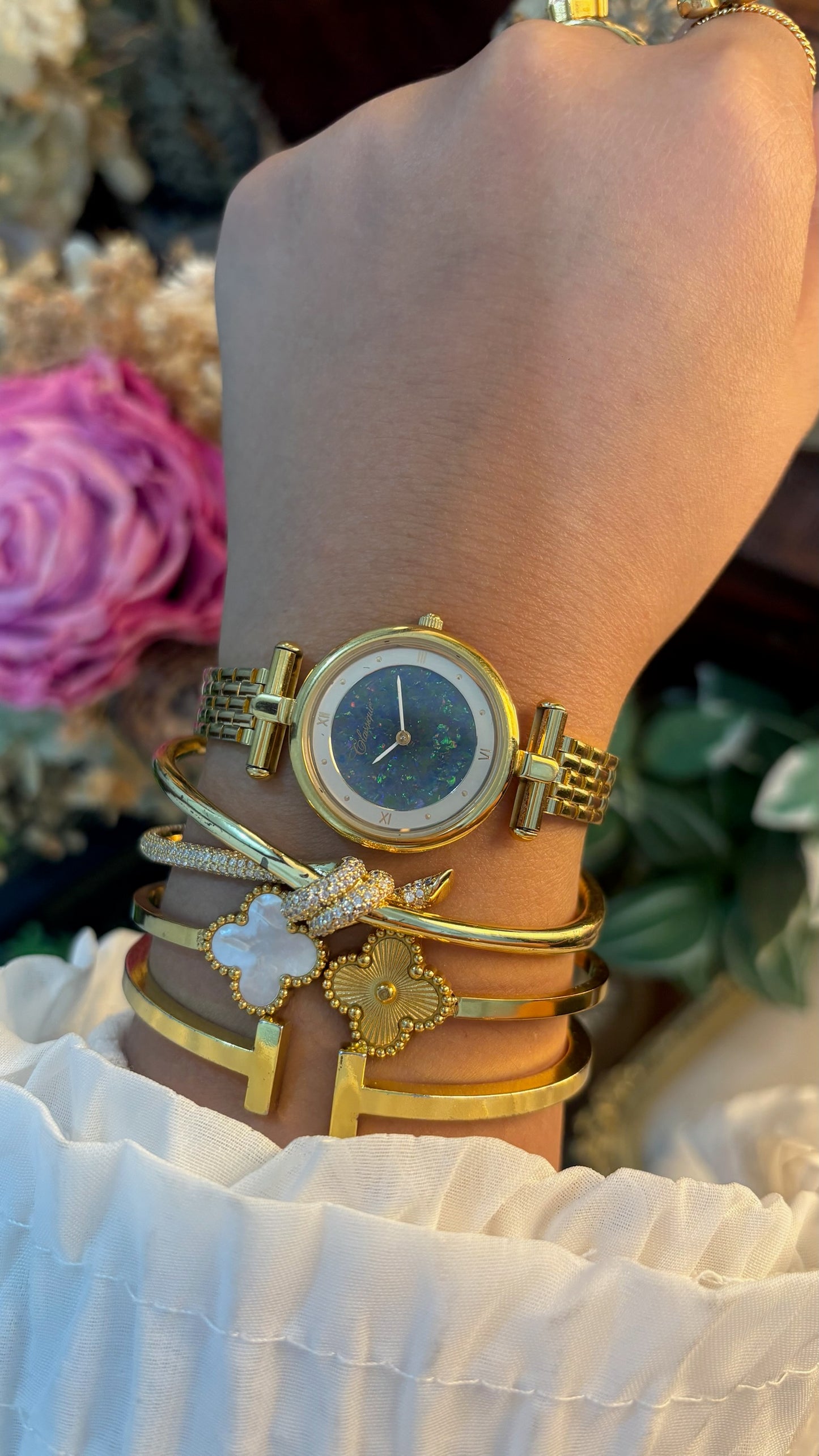 Rare Vintage Classique Australian Opal Dress Watch in Gold Tone Quartz