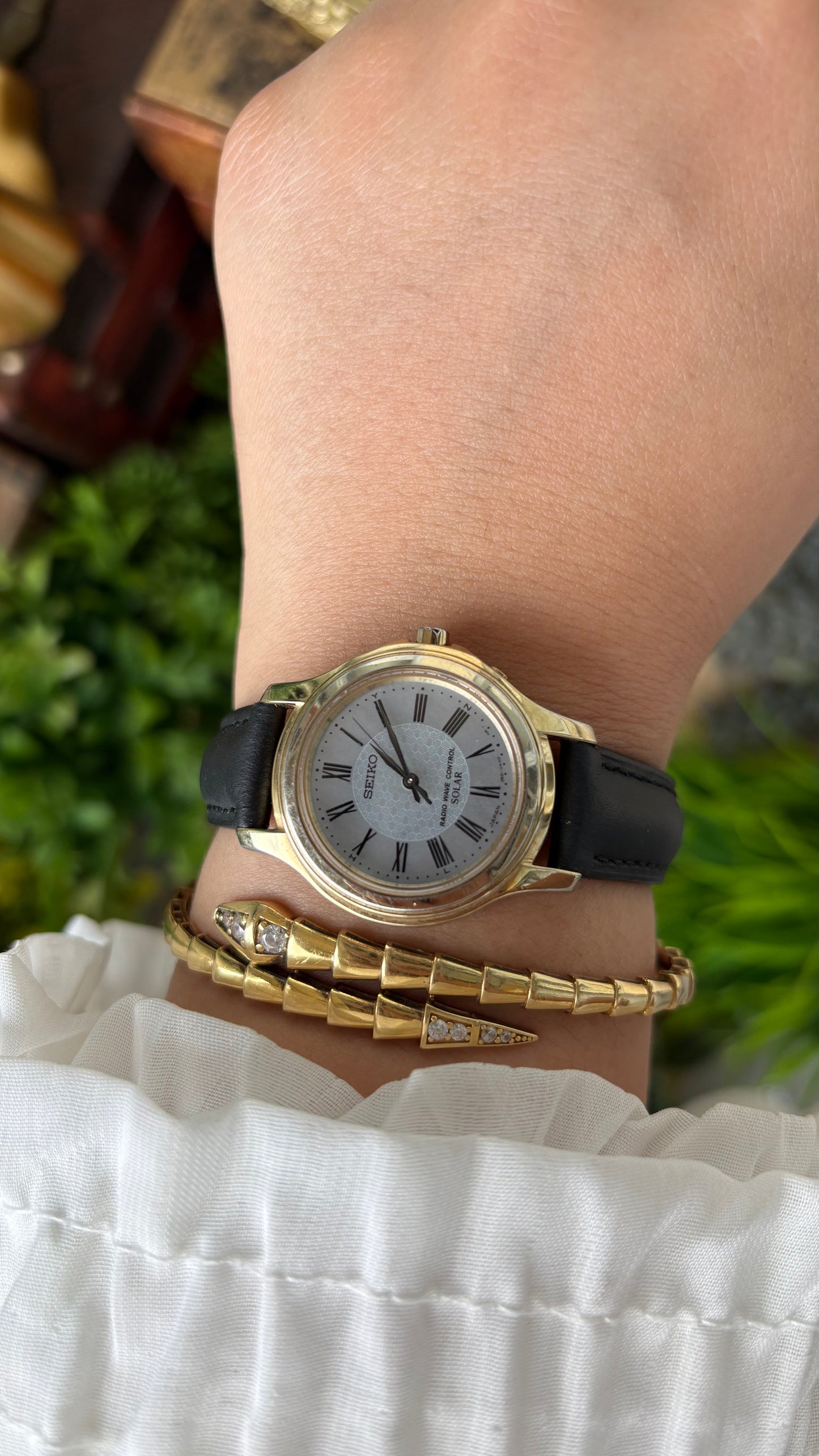 Extremely Rare Seiko Radio Wave Controlled Solar Power Watch in Gold Titanium Tone Black Leather Gray Mother of Pearl Dial Quartz #00601