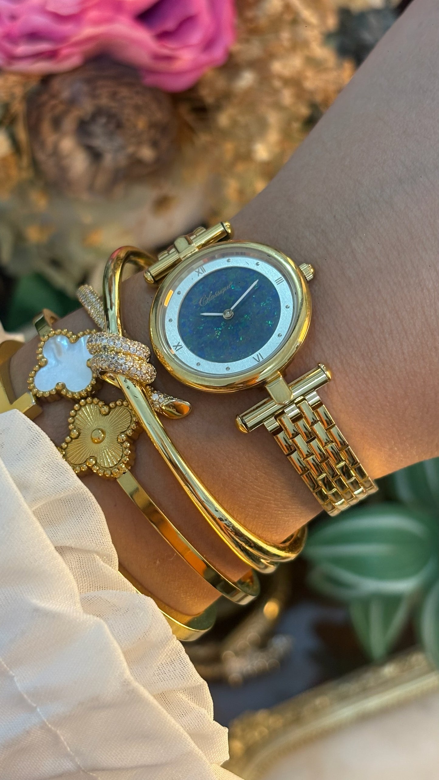 Rare Vintage Classique Australian Opal Dress Watch in Gold Tone Quartz