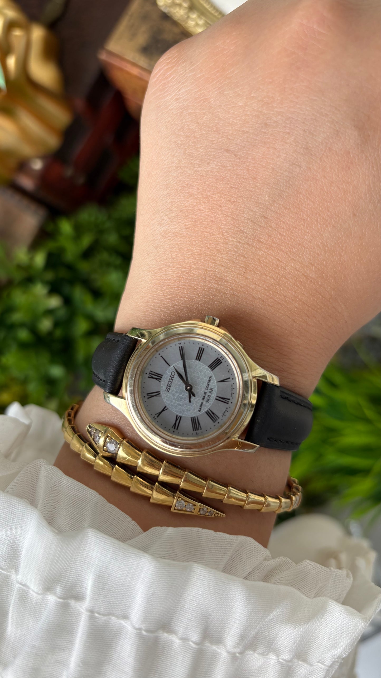 Extremely Rare Seiko Radio Wave Controlled Solar Power Watch in Gold Titanium Tone Black Leather Gray Mother of Pearl Dial Quartz #00601