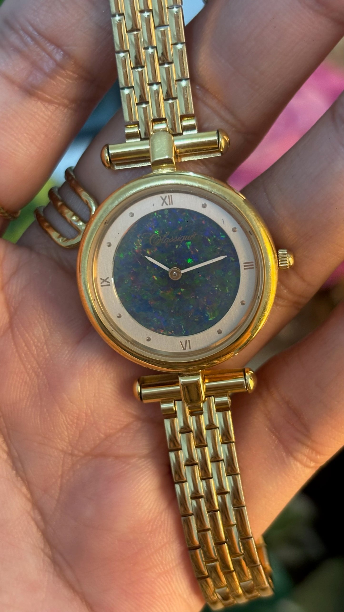 Rare Vintage Classique Australian Opal Dress Watch in Gold Tone Quartz