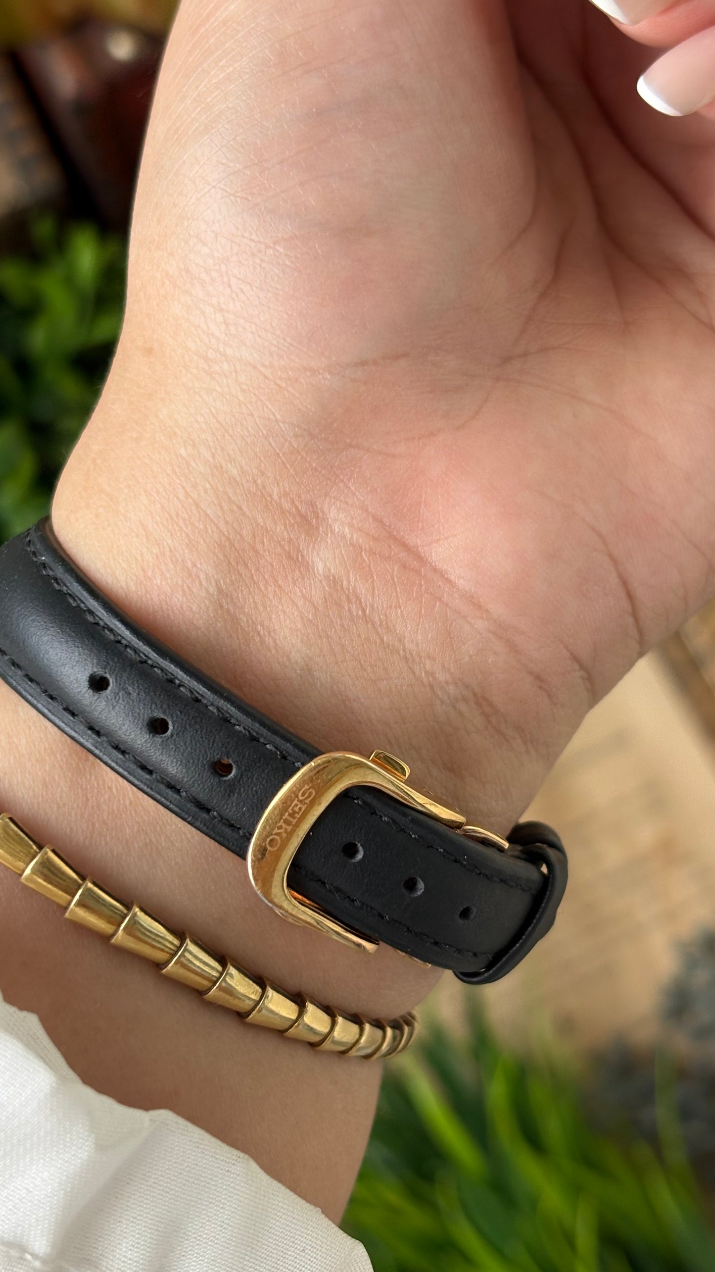 Extremely Rare Seiko Radio Wave Controlled Solar Power Watch in Gold Titanium Tone Black Leather Gray Mother of Pearl Dial Quartz #00601