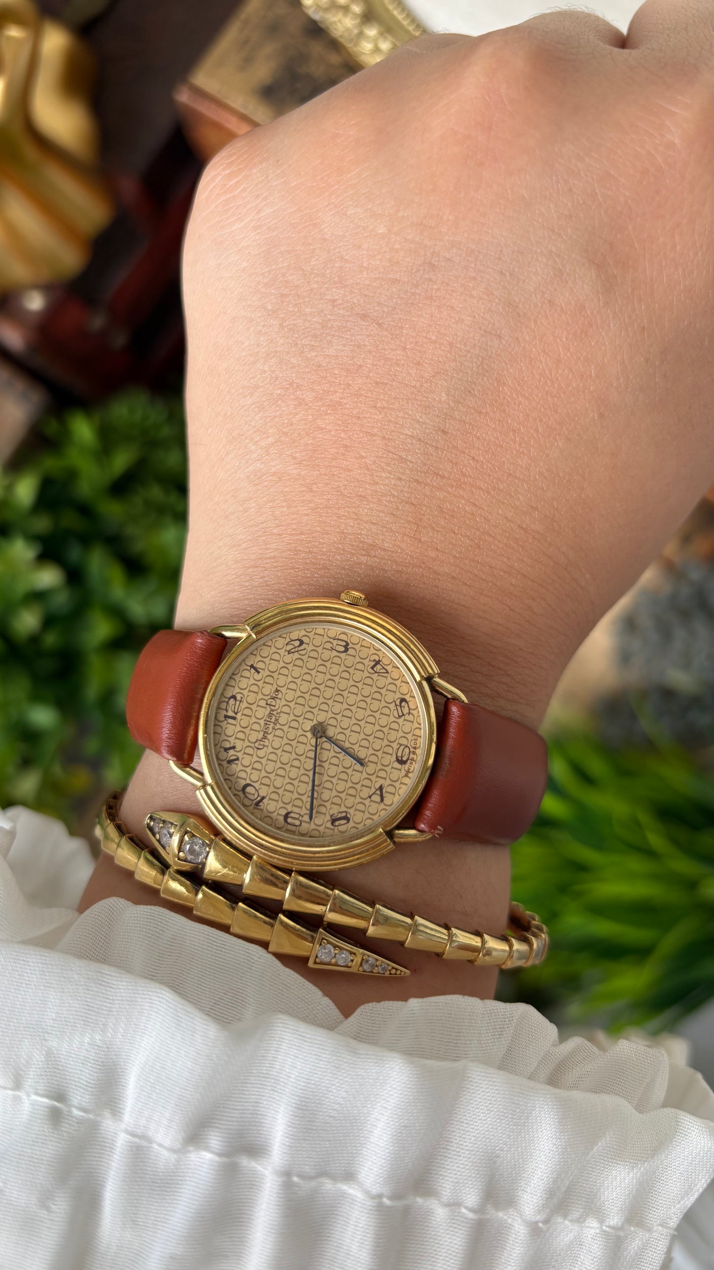 Rare Vintage Christian Dior Paris Monogram Dial Watch in Gold Tone Honey Brown Leather Swiss Quartz #00603