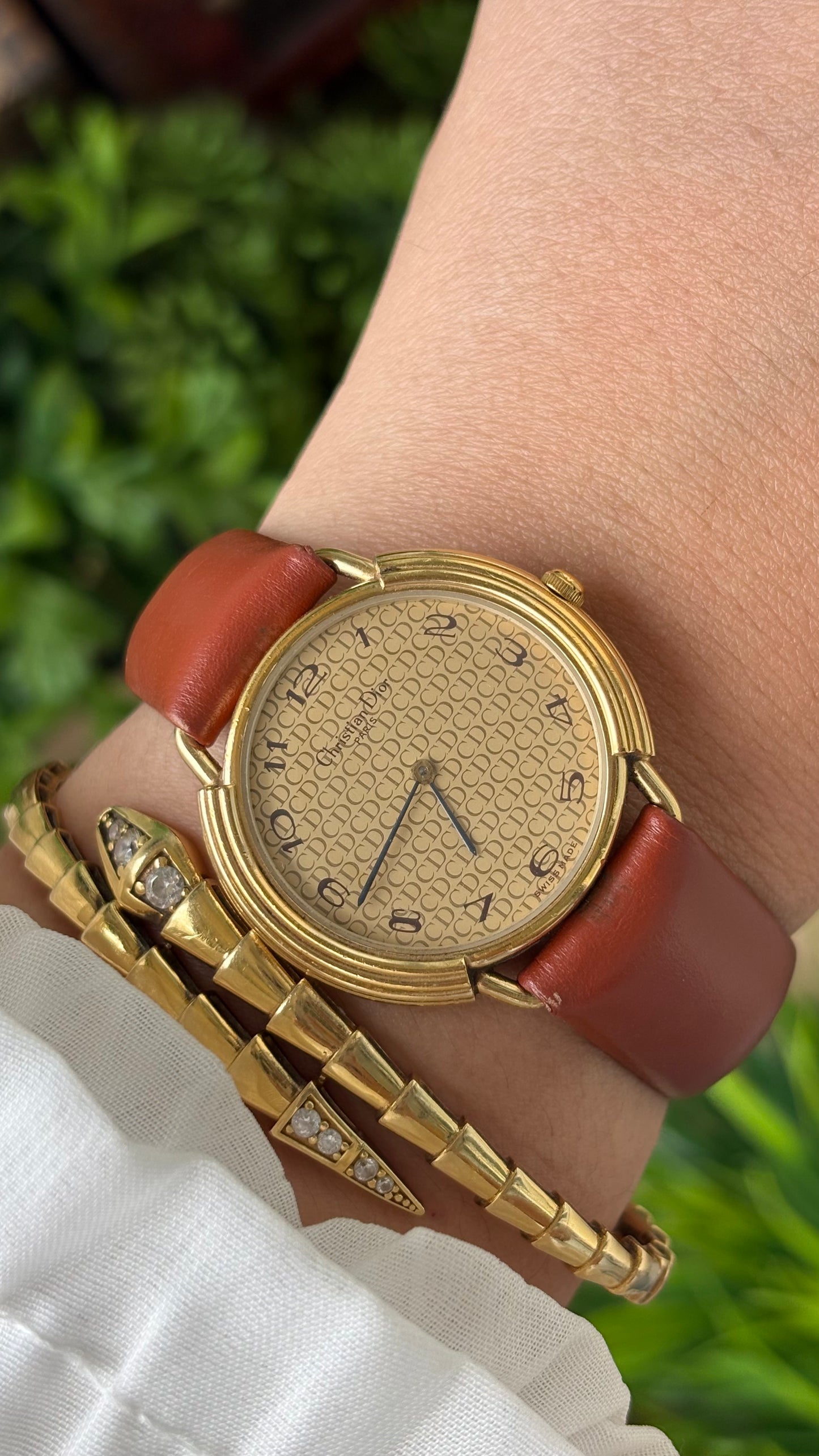 Rare Vintage Christian Dior Paris Monogram Dial Watch in Gold Tone Honey Brown Leather Swiss Quartz #00603