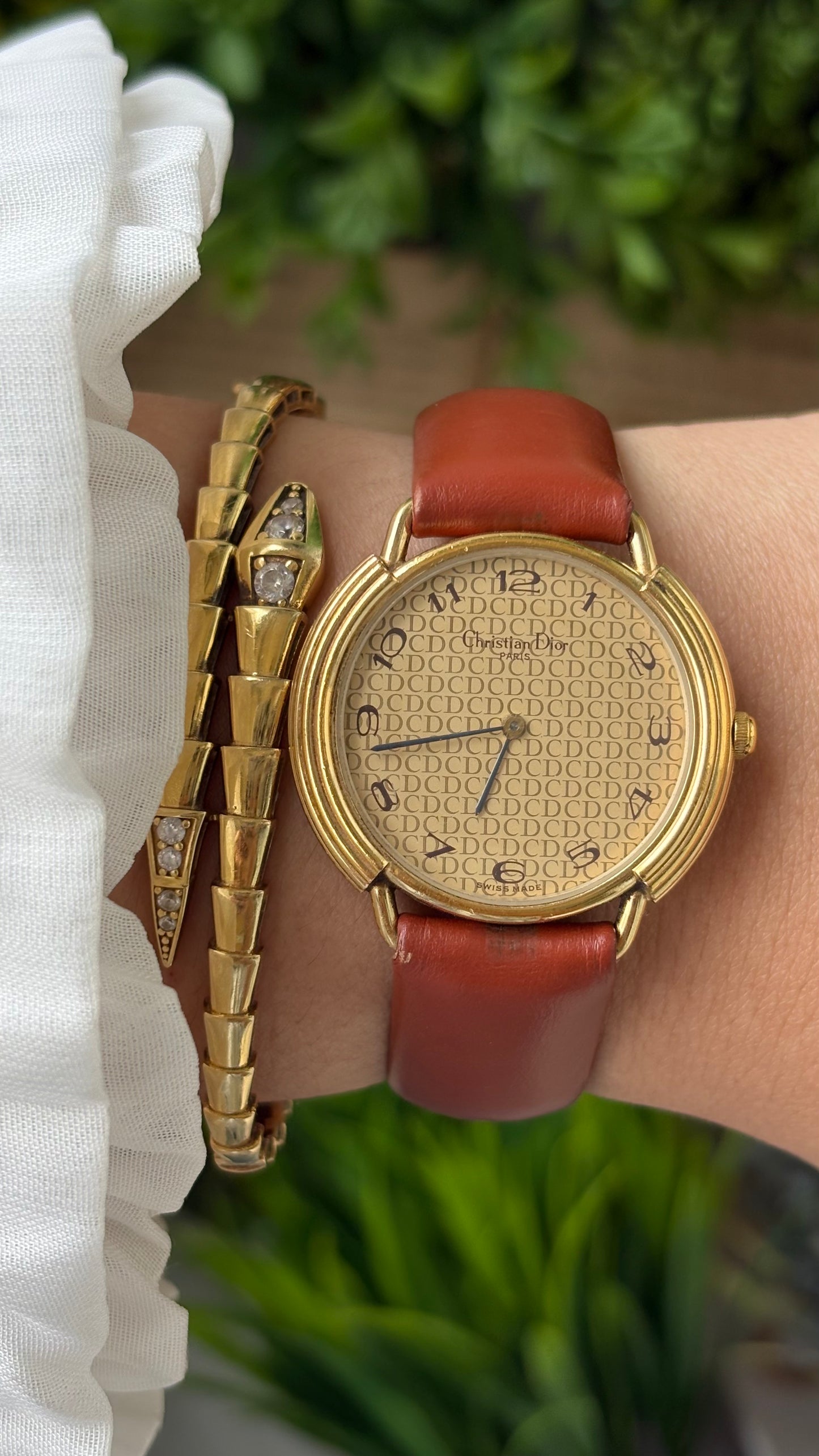 Rare Vintage Christian Dior Paris Monogram Dial Watch in Gold Tone Honey Brown Leather Swiss Quartz #00603