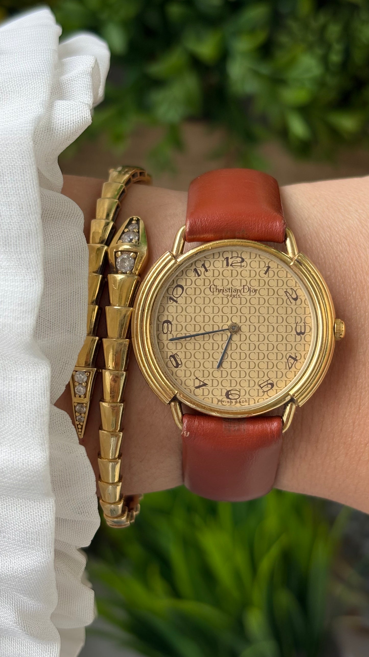 Rare Vintage Christian Dior Paris Monogram Dial Watch in Gold Tone Honey Brown Leather Swiss Quartz #00603