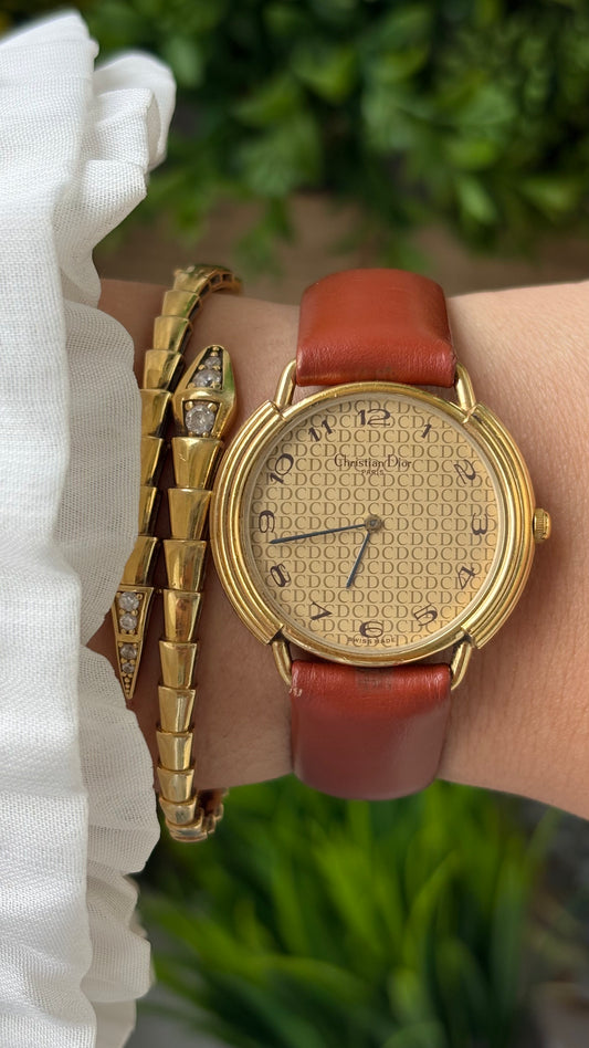 Rare Vintage Christian Dior Paris Monogram Dial Watch in Gold Tone Honey Brown Leather Swiss Quartz #00603