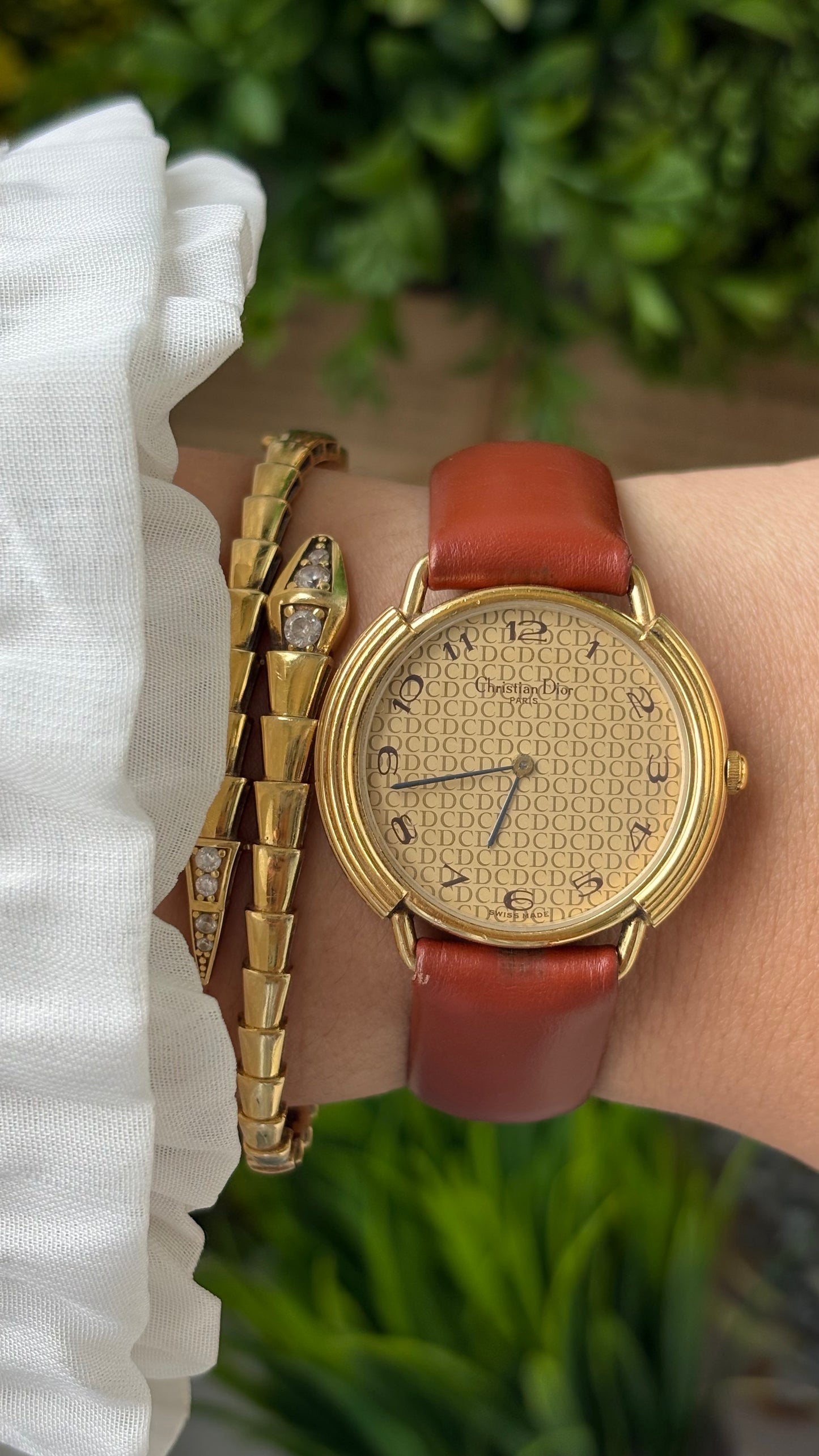 Rare Vintage Christian Dior Paris Monogram Dial Watch in Gold Tone Honey Brown Leather Swiss Quartz #00603