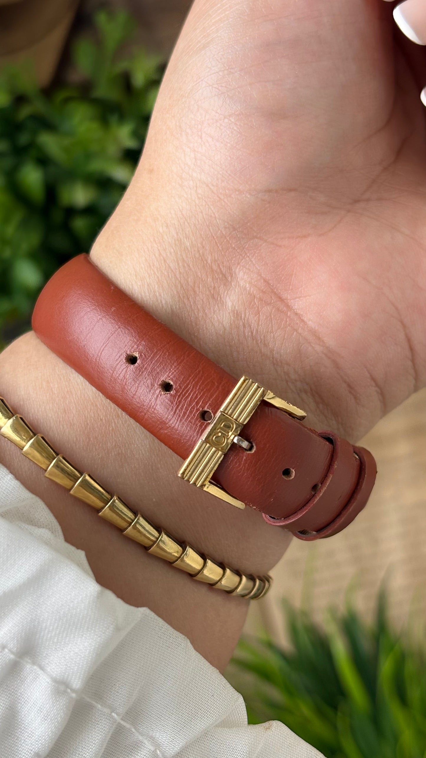 Rare Vintage Christian Dior Paris Monogram Dial Watch in Gold Tone Honey Brown Leather Swiss Quartz #00603